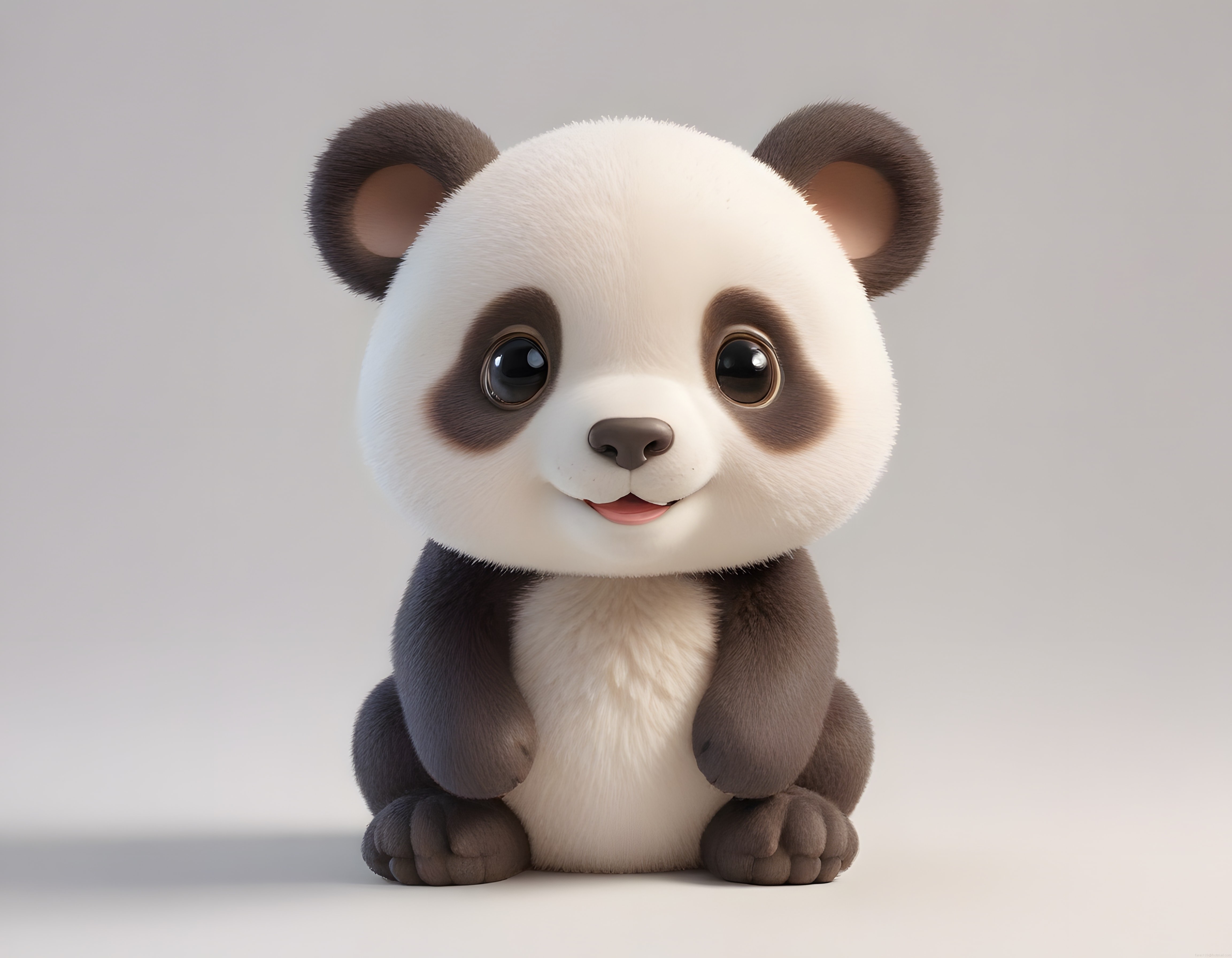 Sevimli 3D bebek panda karakteri masum gülümsemesi ve parlak gözleriyle neşe saçıyor