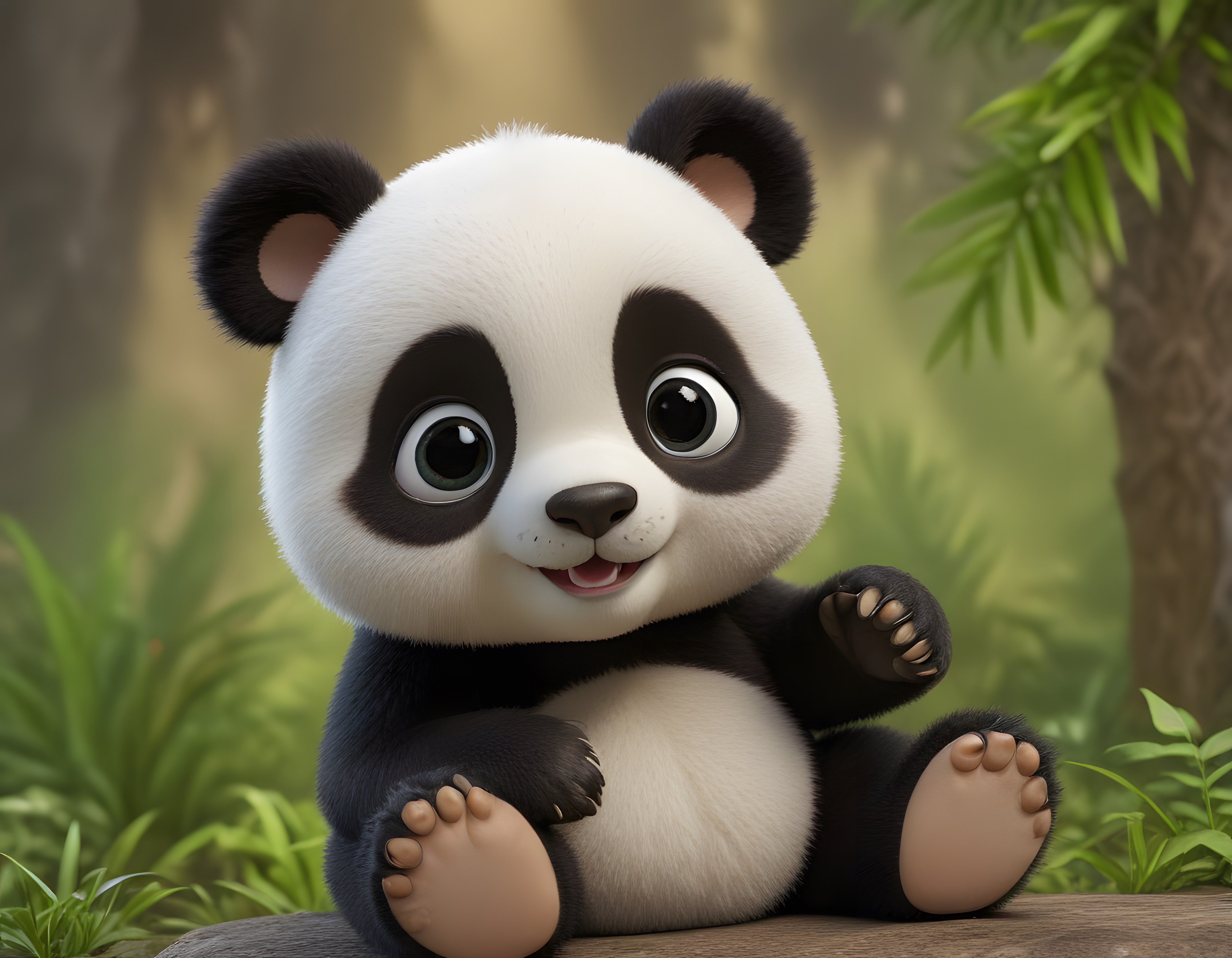 Sevimli 3D bebek panda karakteri yeşil doğa ortamında neşeyle oturuyor