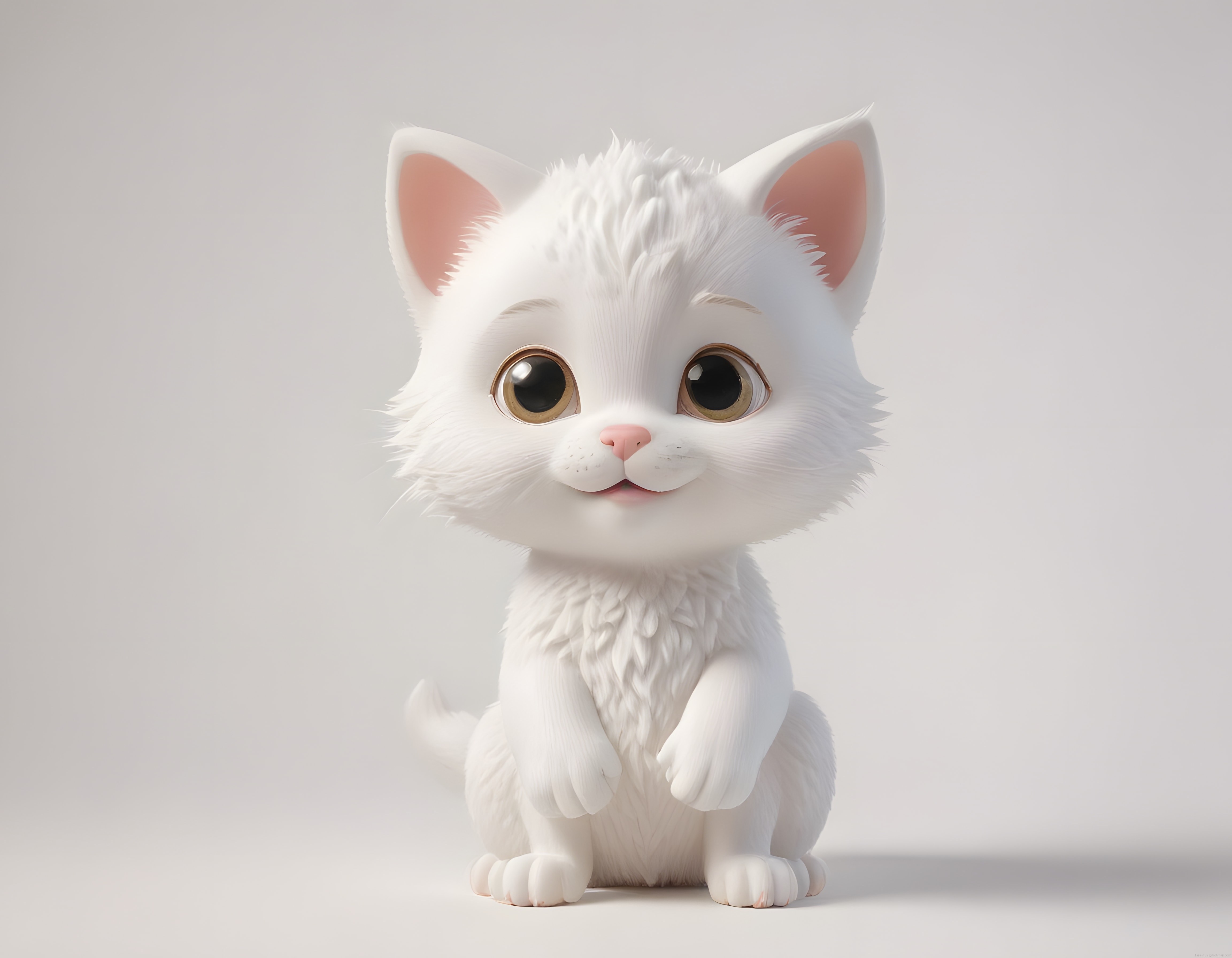 Sevimli 3D Beyaz Kedi Karakteri: Büyük Gözlü Animasyon Yavru Kedi Tasarımı