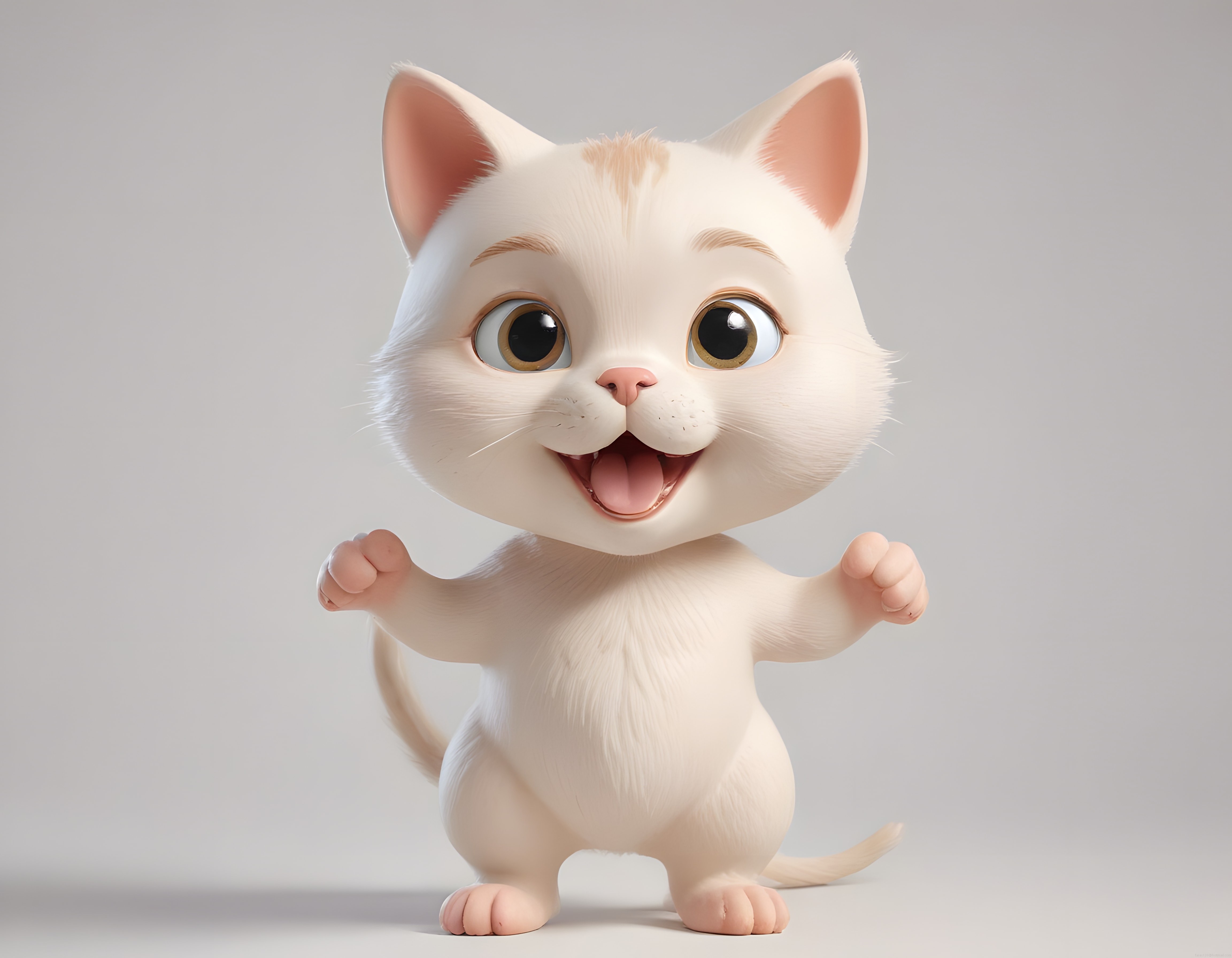 Sevimli 3D Beyaz Kedi Yavrusu Karakteri, Büyük Gözlü Neşeli Çizgi Film Figürü