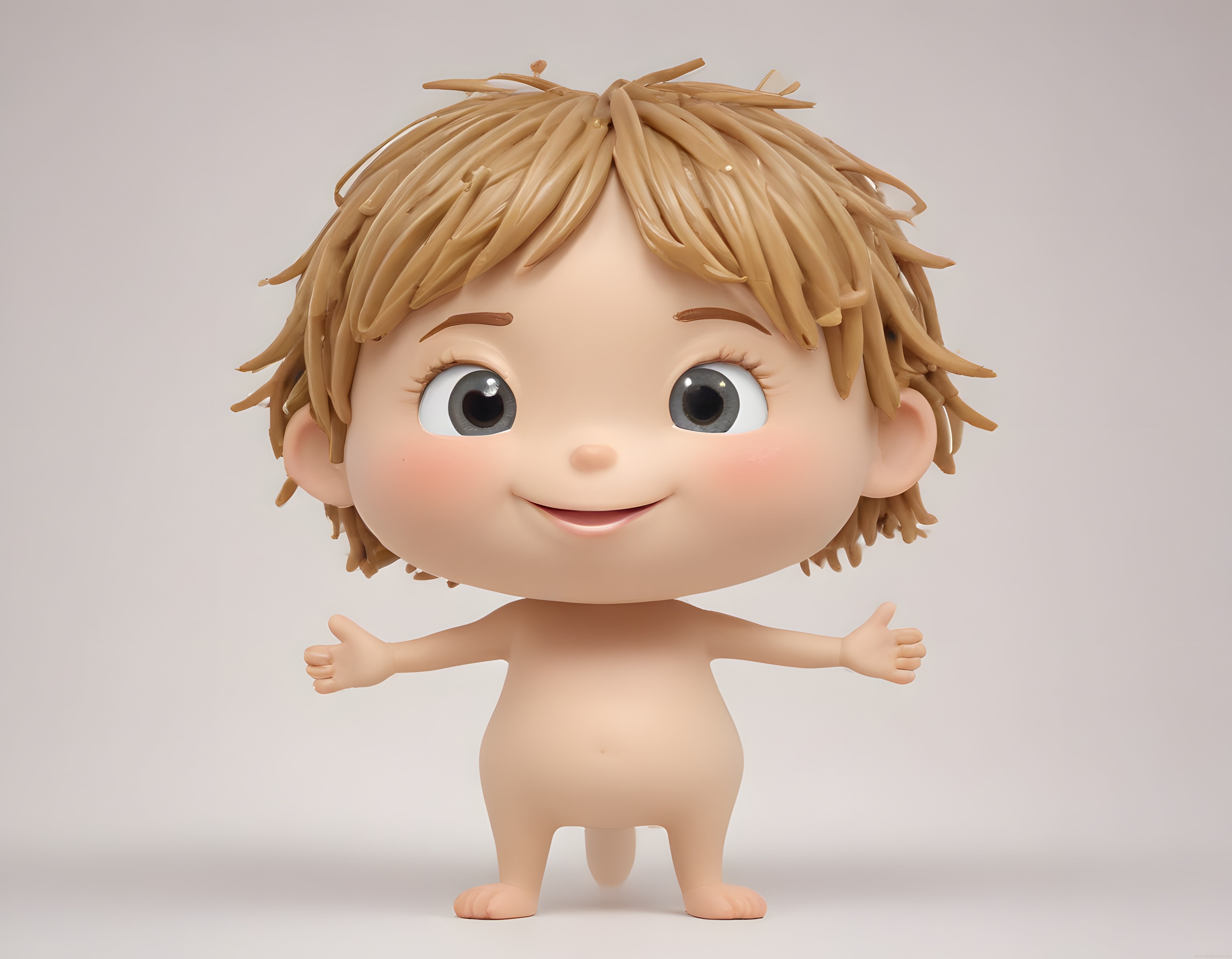 Sevimli 3D Chibi Bebek Karakteri: Sarı Saçlı ve Kolları Açık Duran Animasyon Figürü