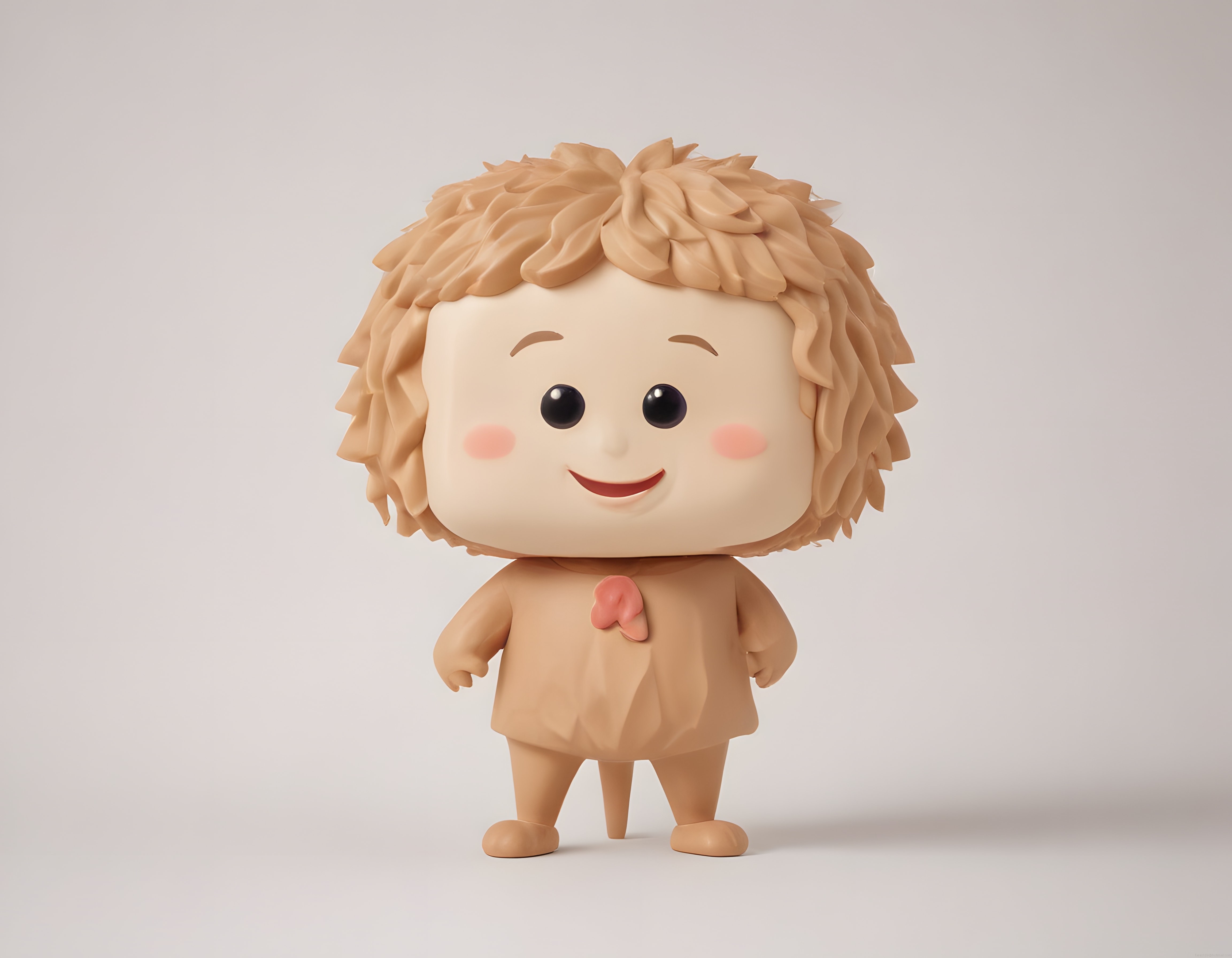 Sevimli 3D chibi figür: kıvırcık saçlı, pembe fiyonklu ve bej kıyafetli karakter modeli