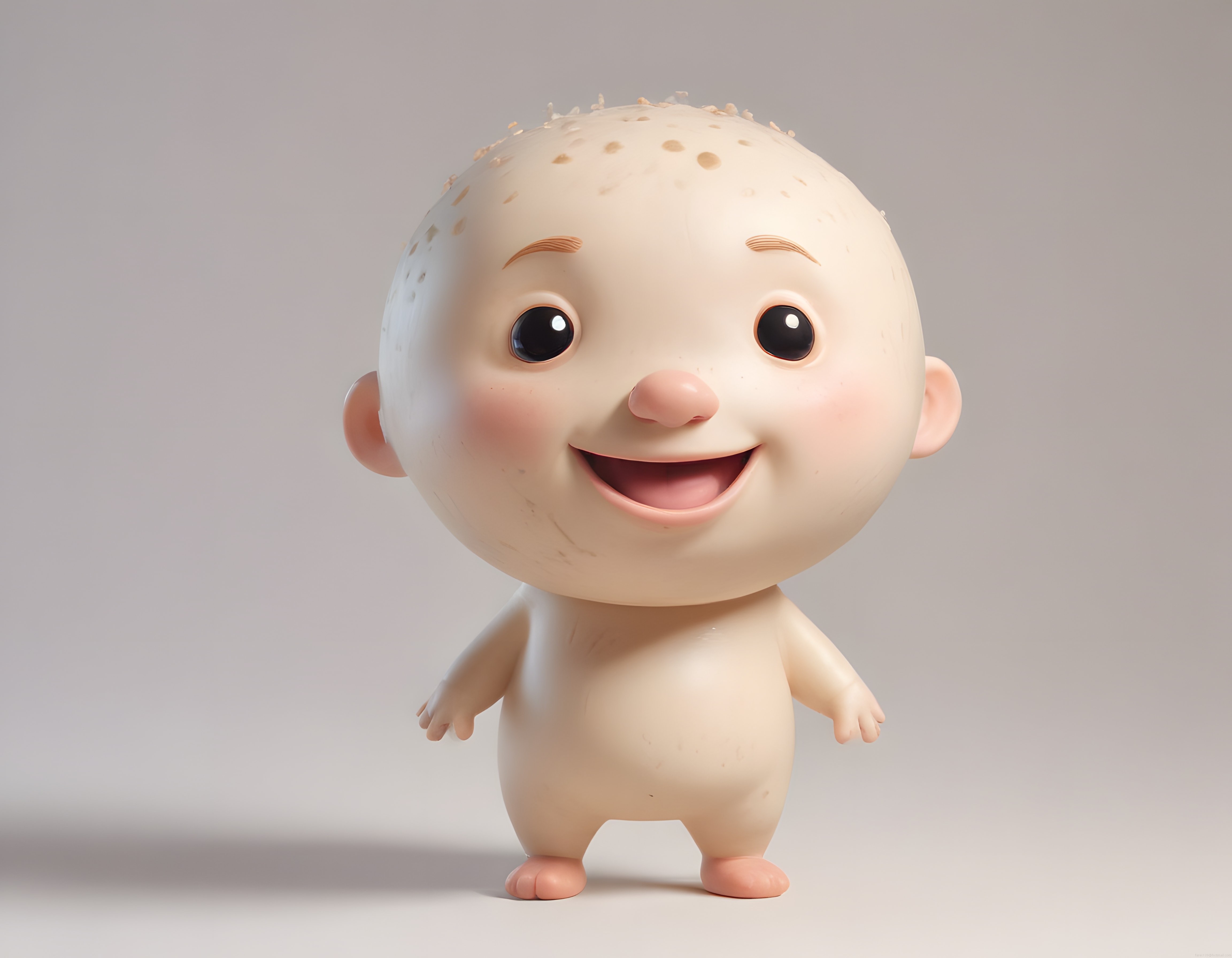 Sevimli 3D Çizgi Film Bebeği, Büyük Gözler ve Parlak Gülümsemeyle Stüdyo Pozu