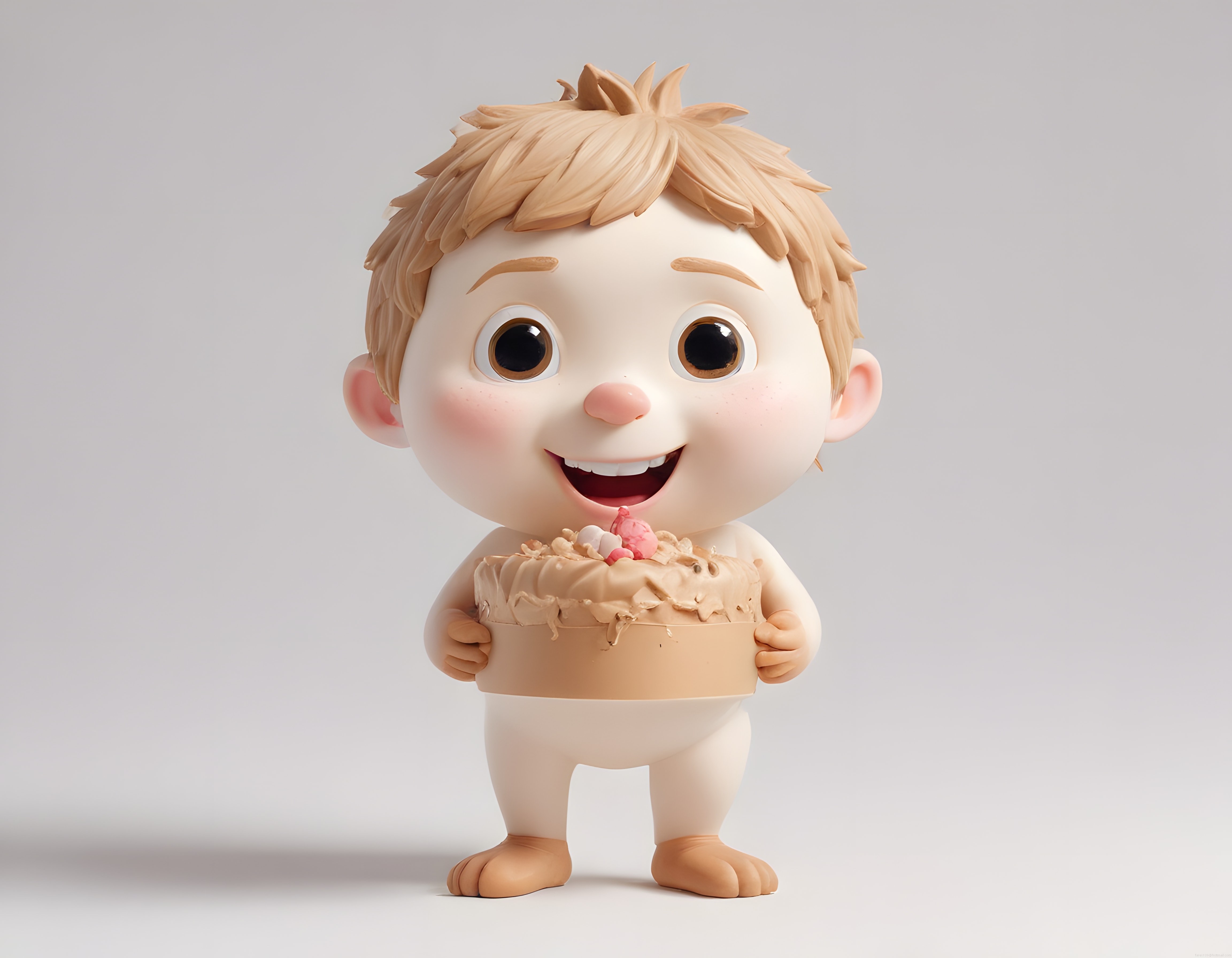 Sevimli 3D Çizgi Film Bebeği Elinde Çilekli Pasta Tutarken Gülümsüyor