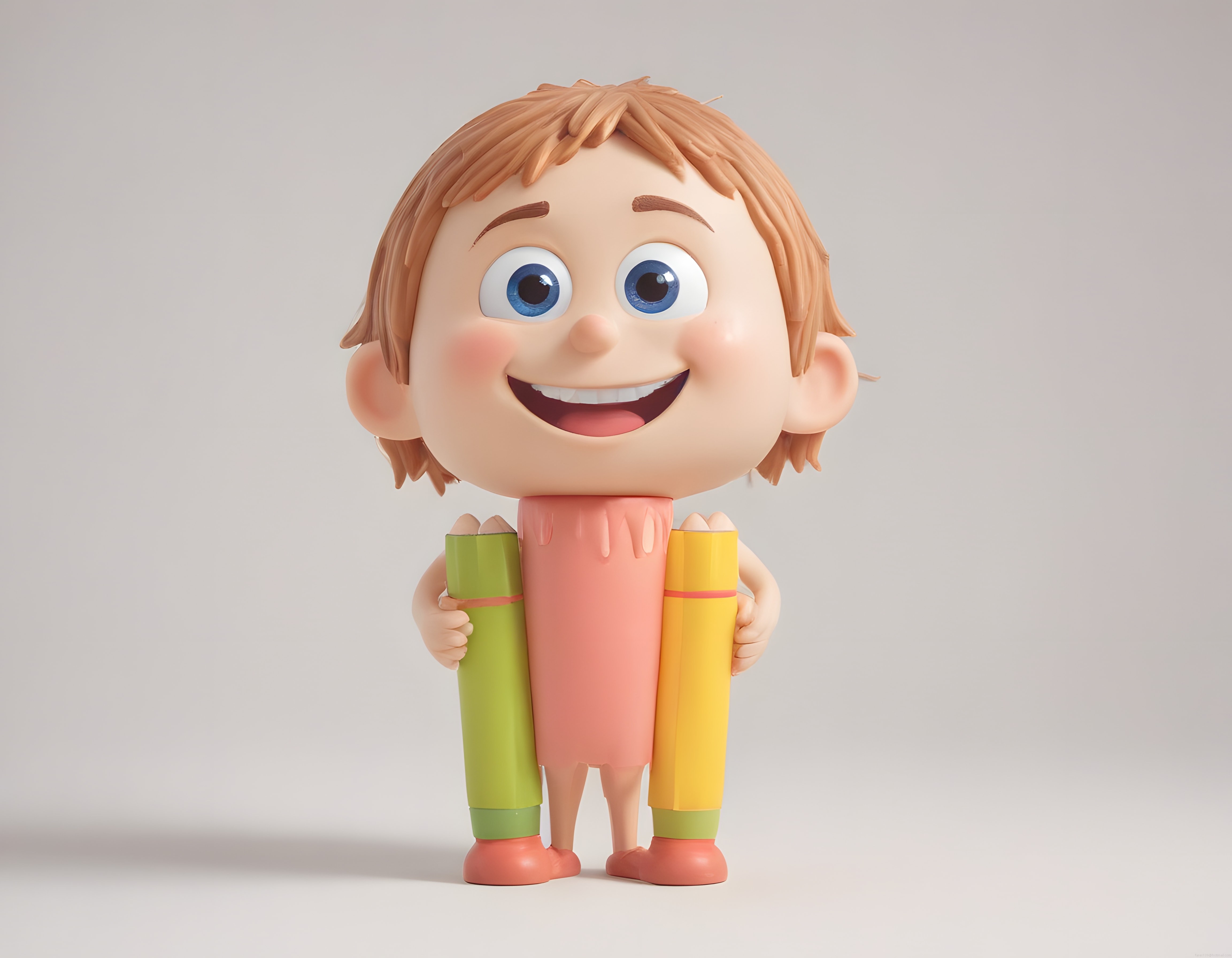 Sevimli 3D Çizgi Film Çocuğu ve Dev Kalemlerle Renkli Karakter Tasarımı