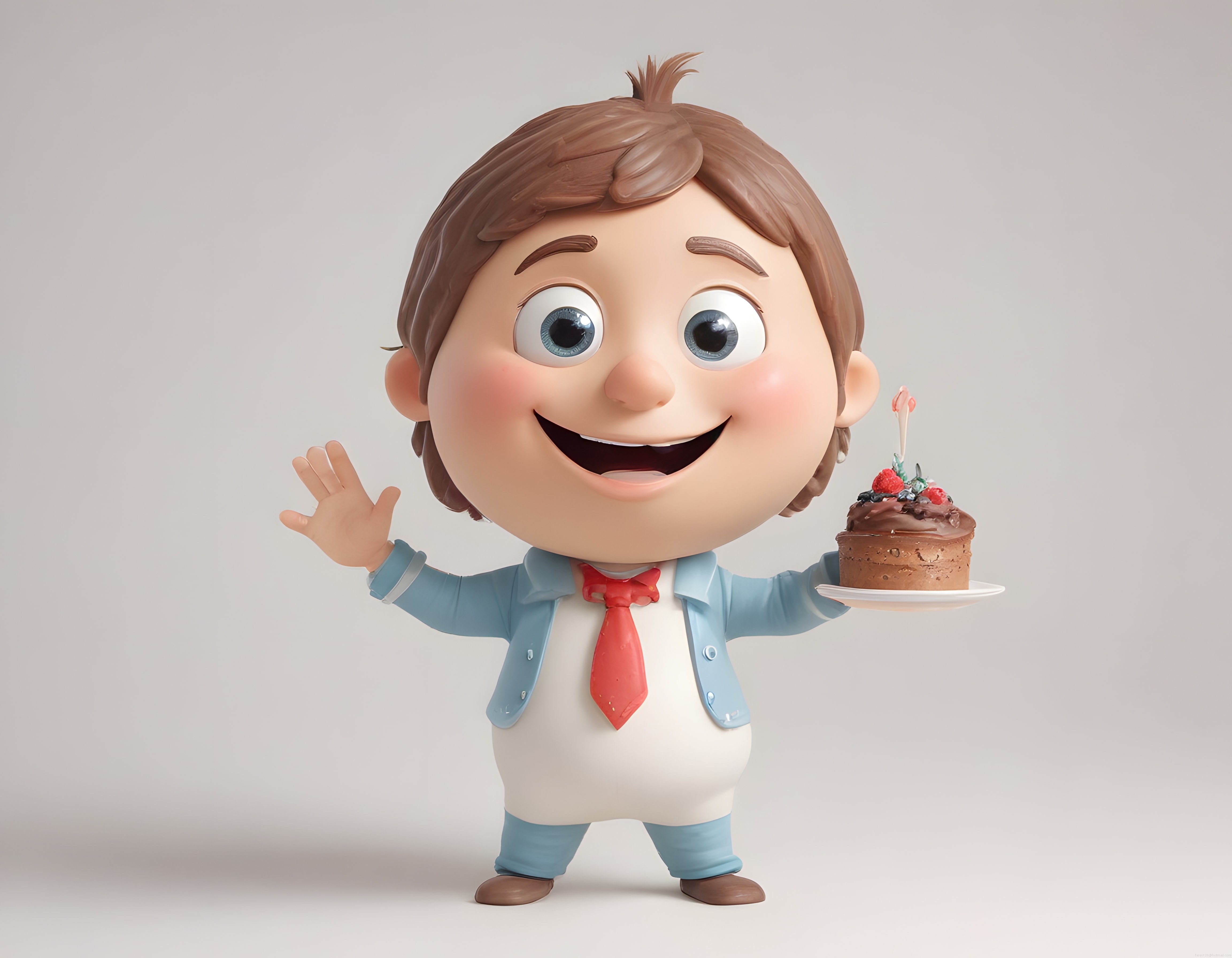 Sevimli 3D Çizgi Film Çocuk Karakteri Doğum Günü Pastasıyla Poz Veriyor