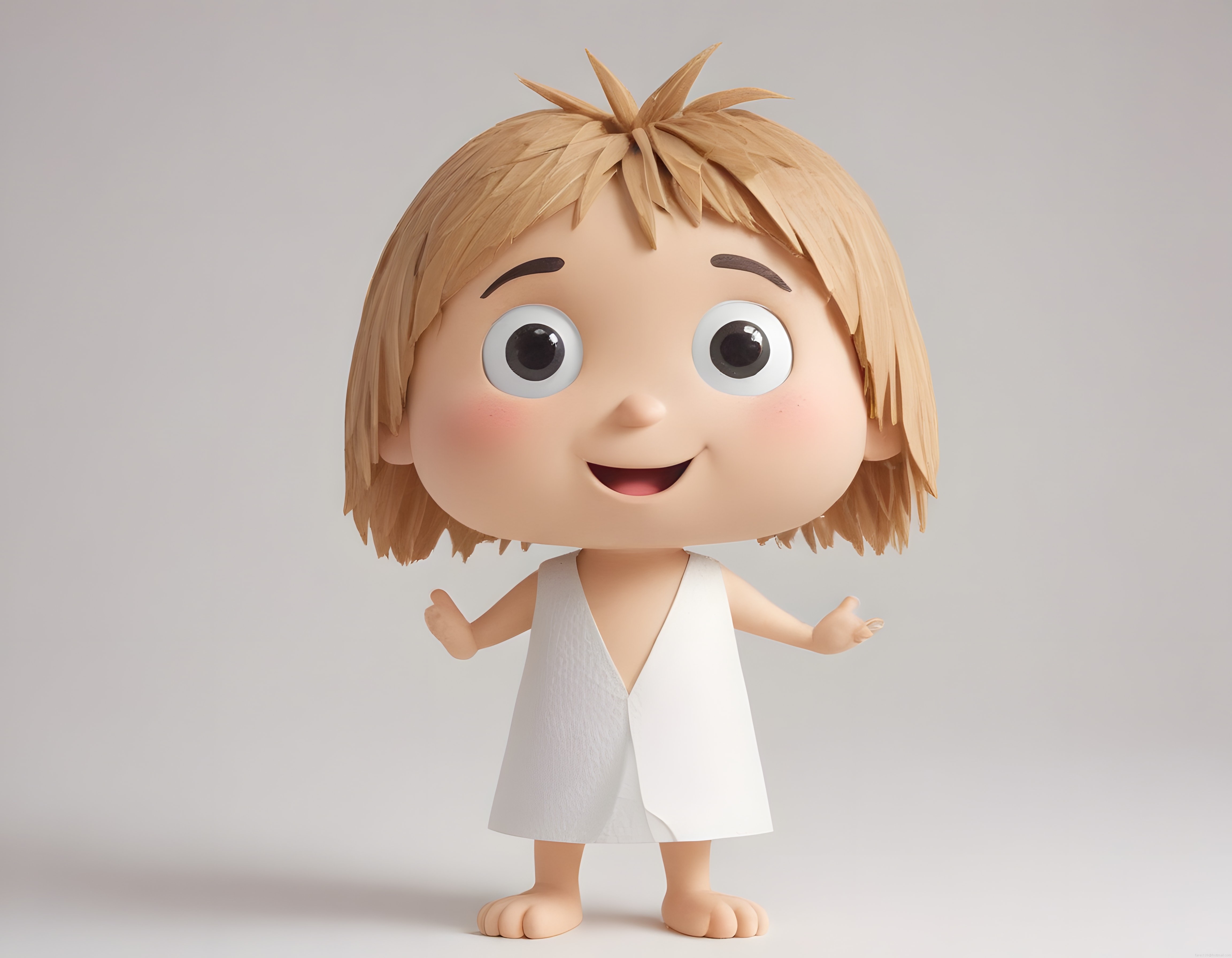 Sevimli 3D çizgi film karakteri, beyaz kıyafetli gülümseyen bebek figürü