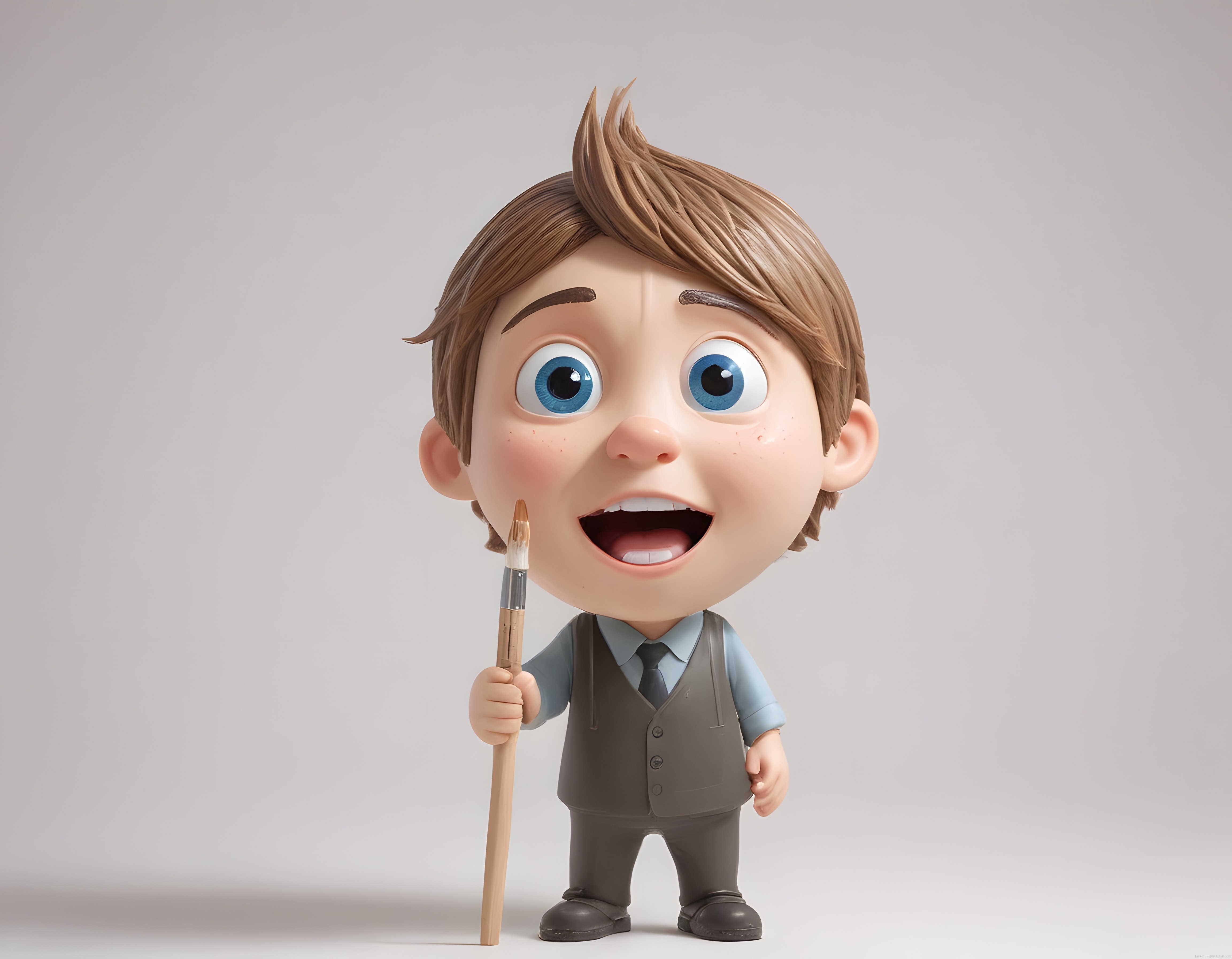 Sevimli 3D Çizgi Film Karakteri: Fırça Tutan Neşeli Erkek Çocuk Figürü