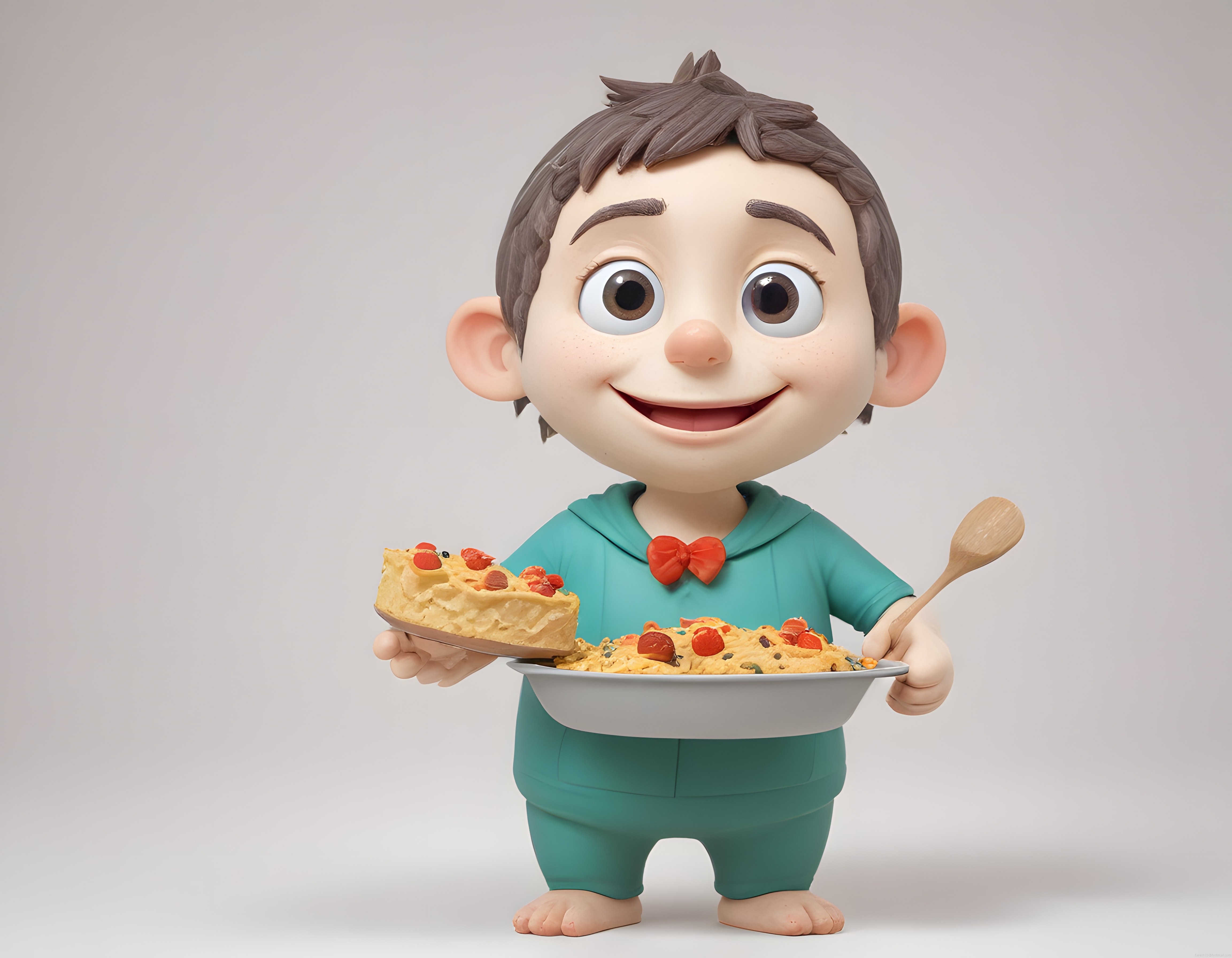 Sevimli 3D Çizgi Film Karakteri Lezzetli Yemeklerle Mutlu Gülümsüyor