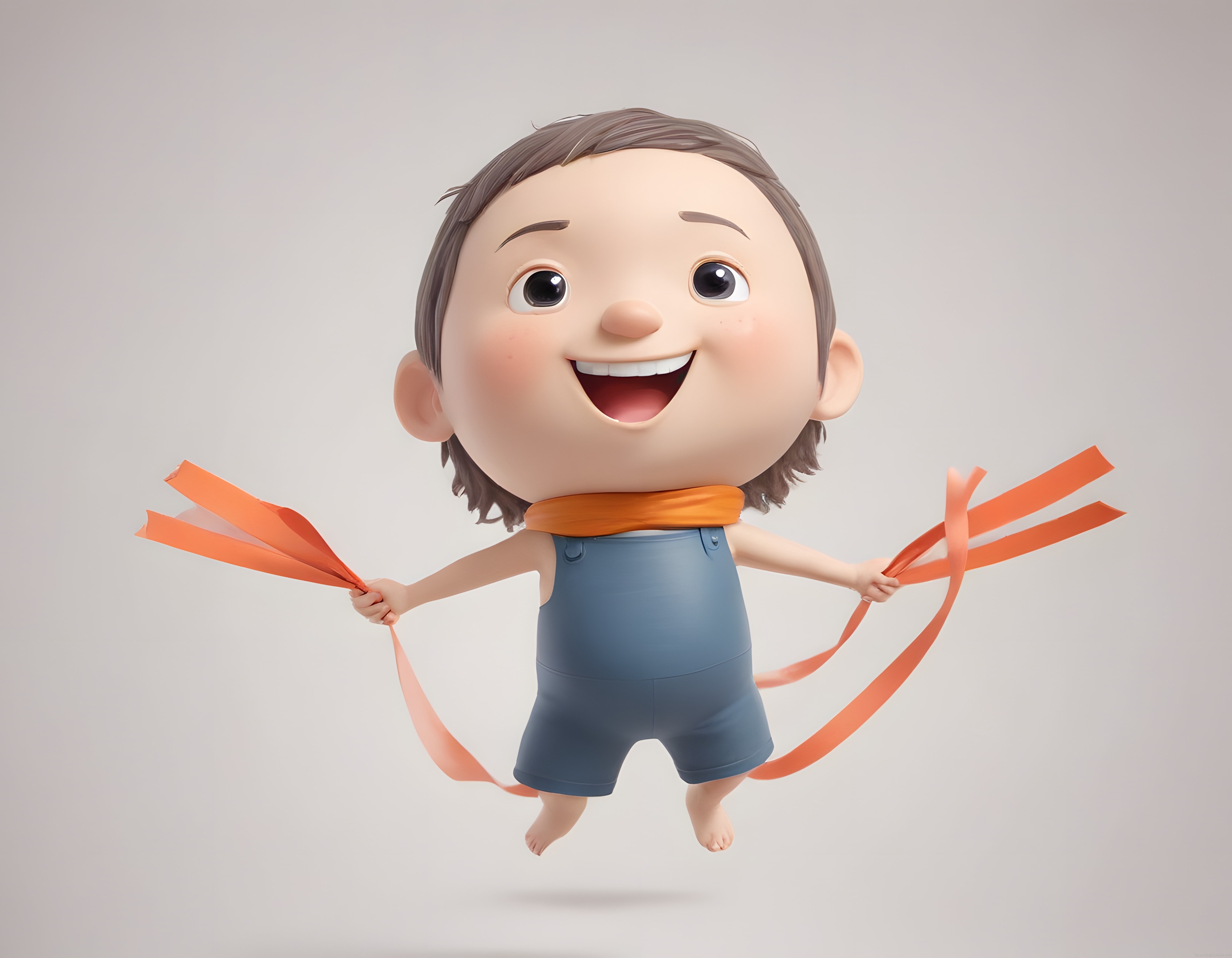Sevimli 3D Çizgi Film Karakteri Turuncu Kurdelelerle Neşeli Dans Ediyor