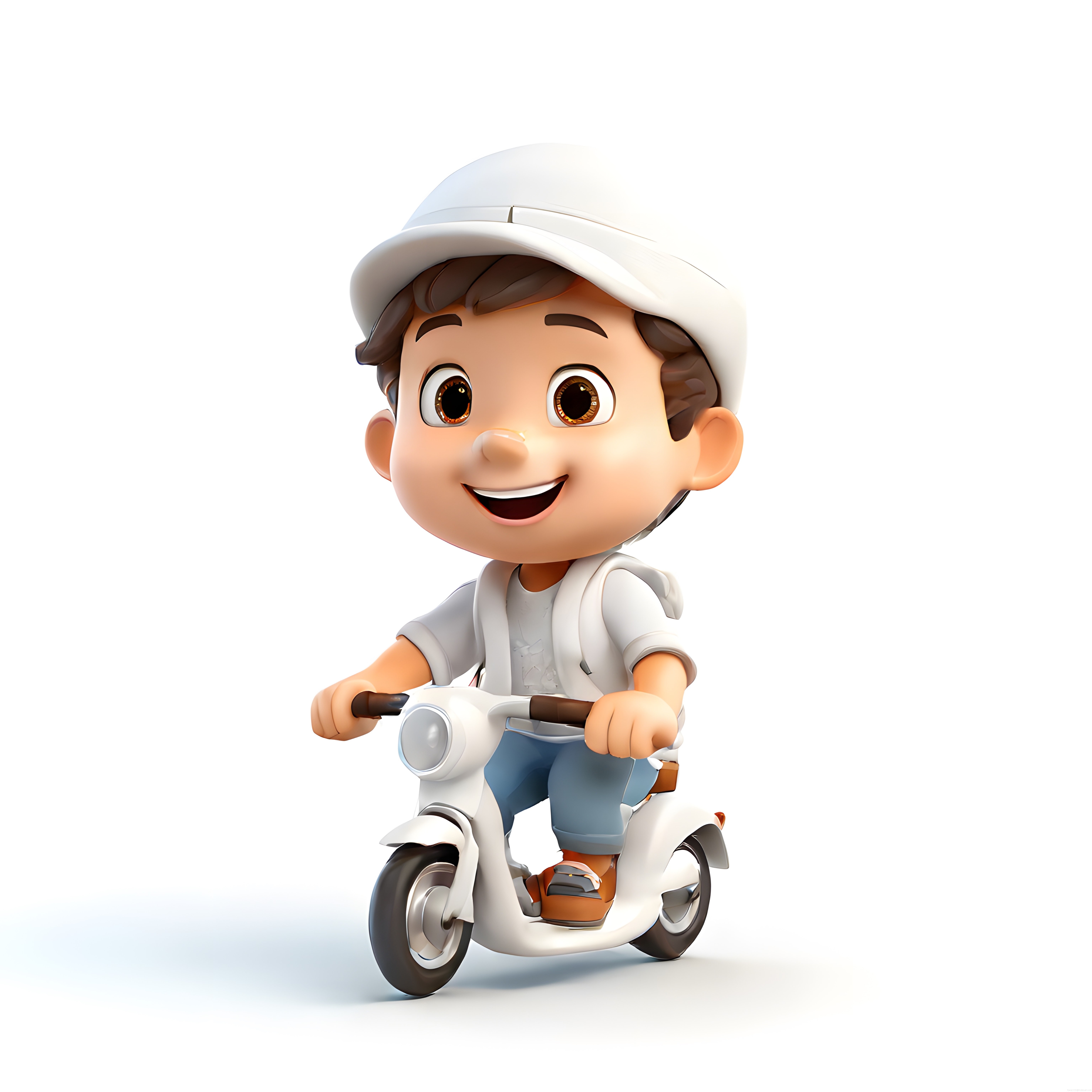 Sevimli 3D çocuk karakteri beyaz kaskla elektrikli scooter sürerken gülümsüyor