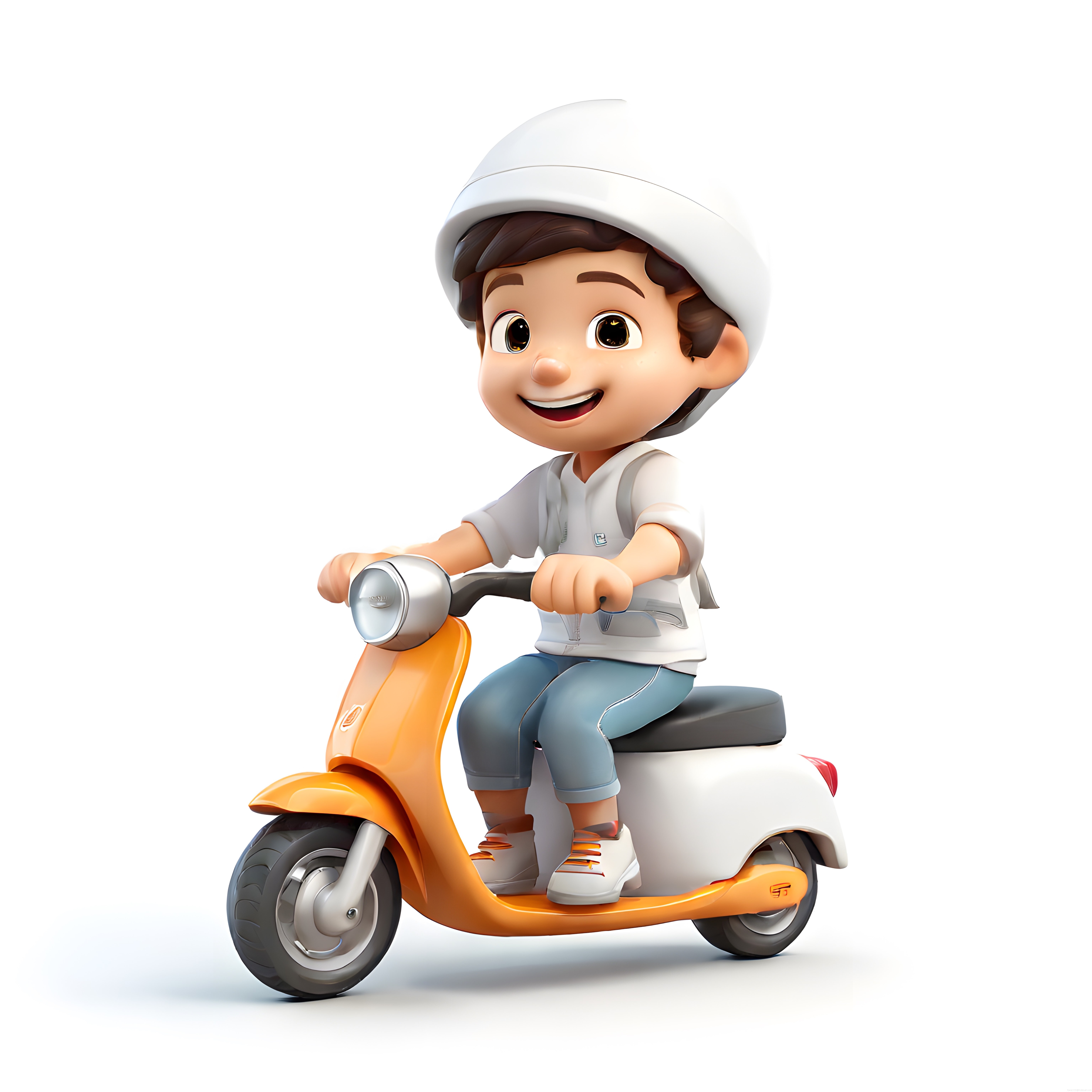 Sevimli 3d çocuk karakteri kask takıp turuncu scooter sürüyor mutlu gülümseyiş