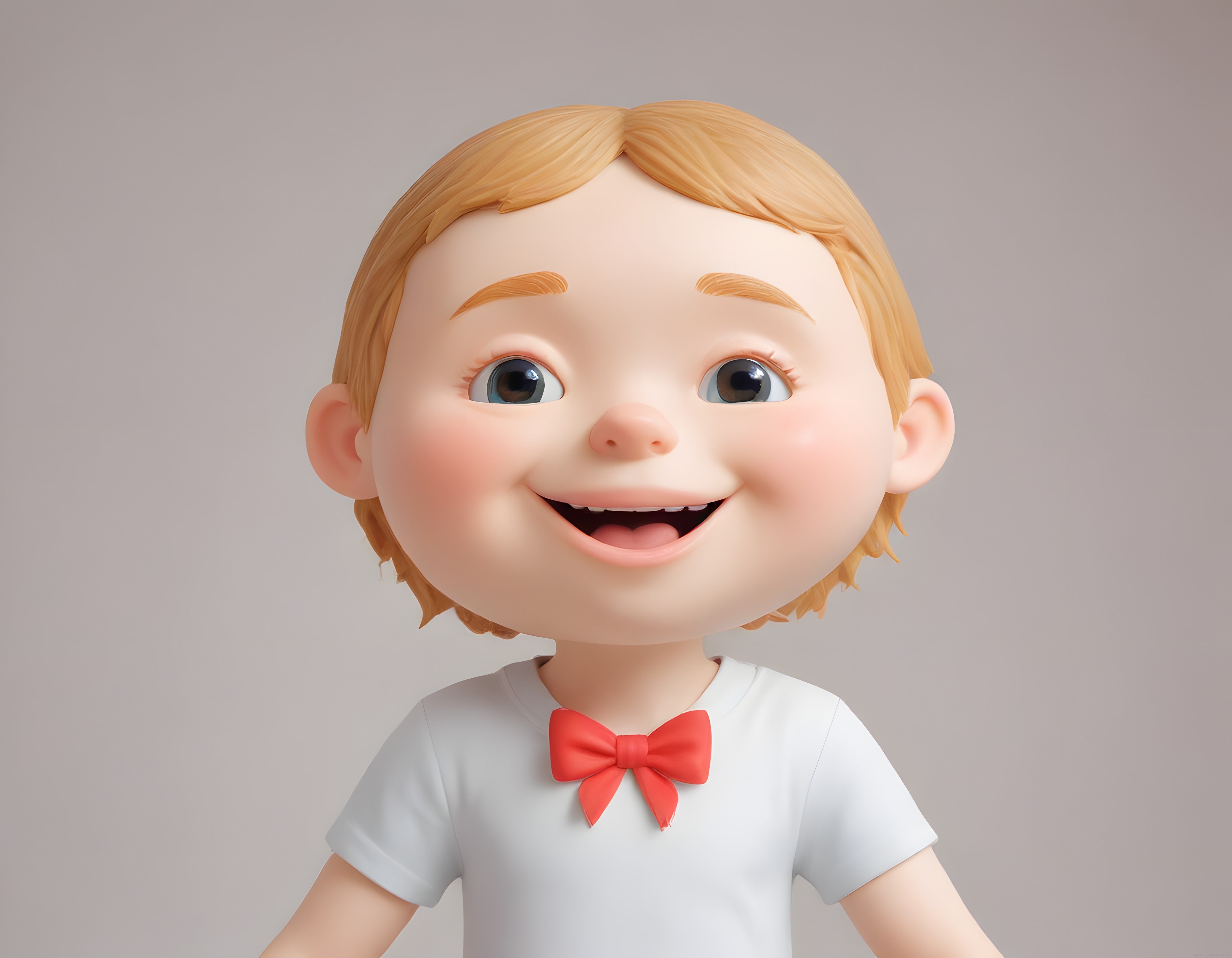 sevimli 3d çocuk karakteri kırmızı papyon ve beyaz tişört ile gülümsüyor
