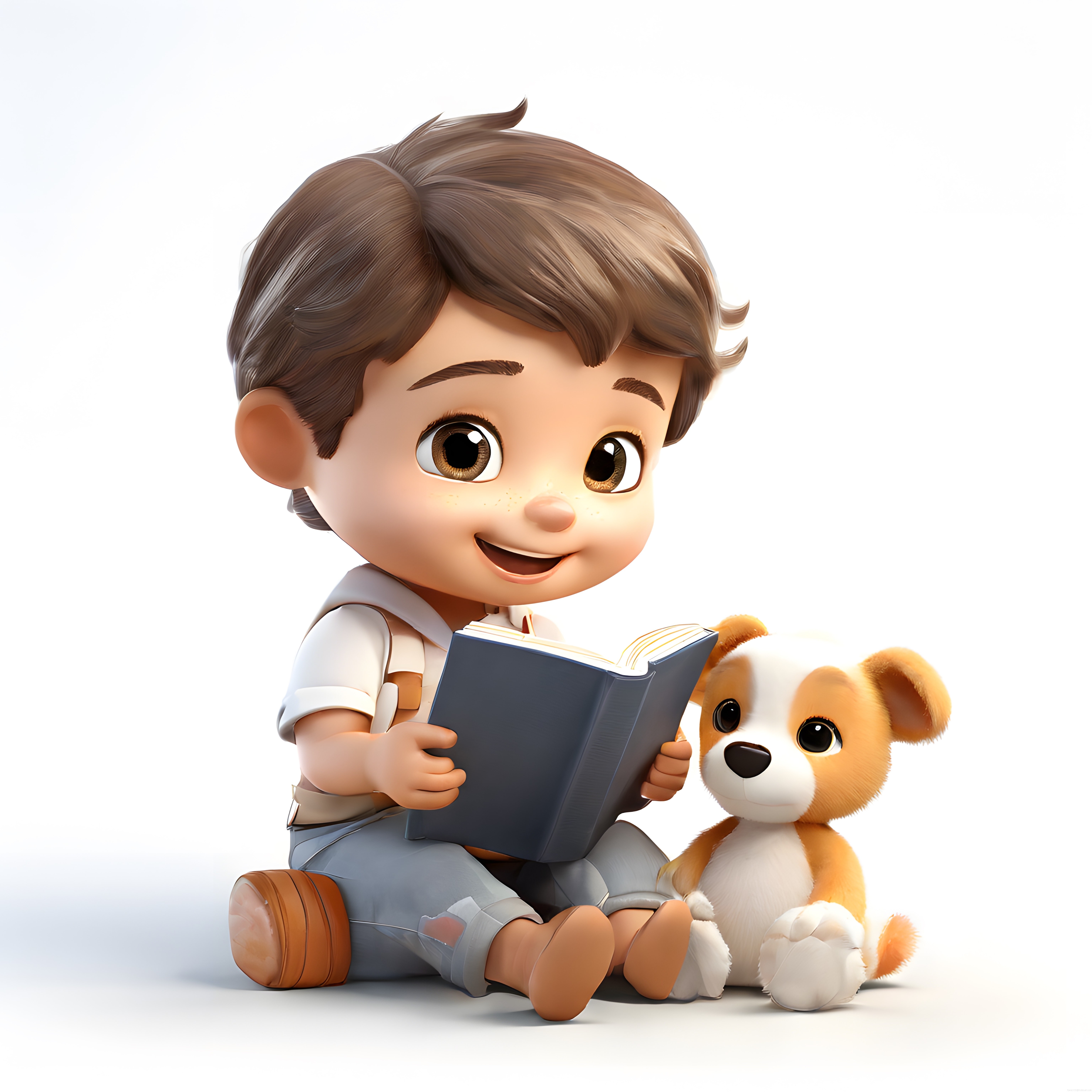 Sevimli 3D çocuk karakteri kitap okurken peluş köpeğiyle mutlu anlar yaşıyor