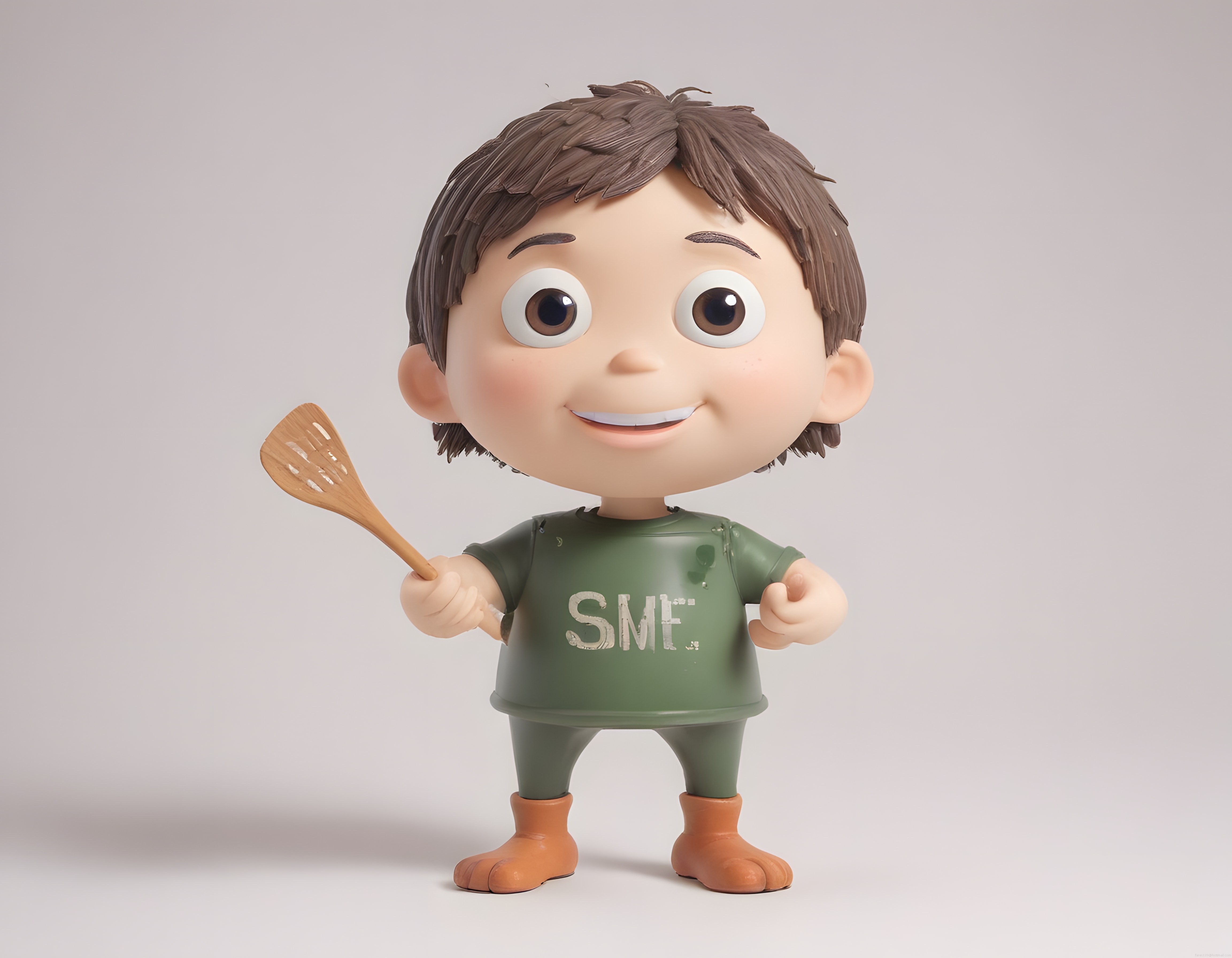 sevimli 3d çocuk karakteri yeşil kıyafetle ahşap mutfak spatulası tutuyor