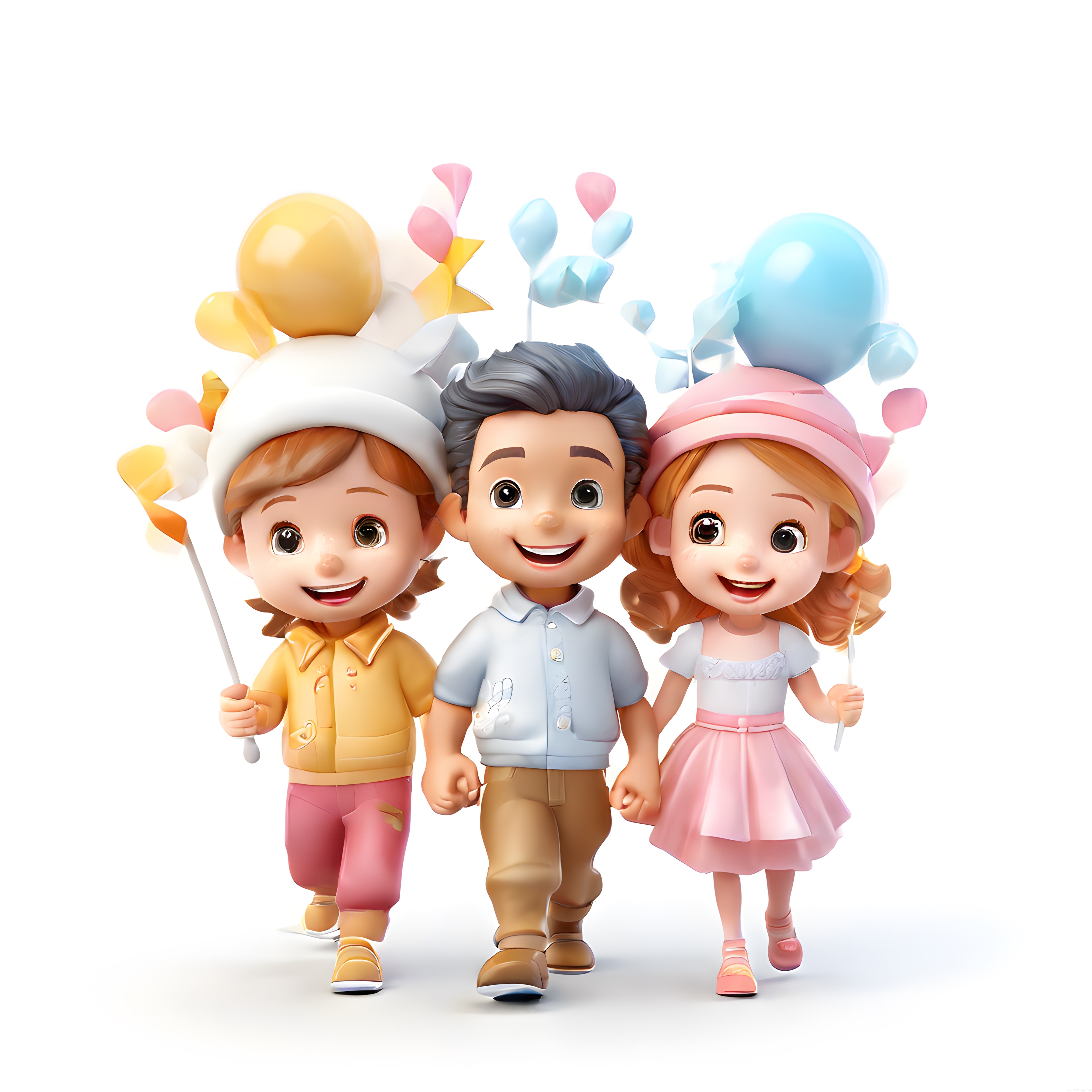 Sevimli 3D Çocuk Karakterleri ve Renkli Balonlu Şapkalı Neşeli Çocuklar