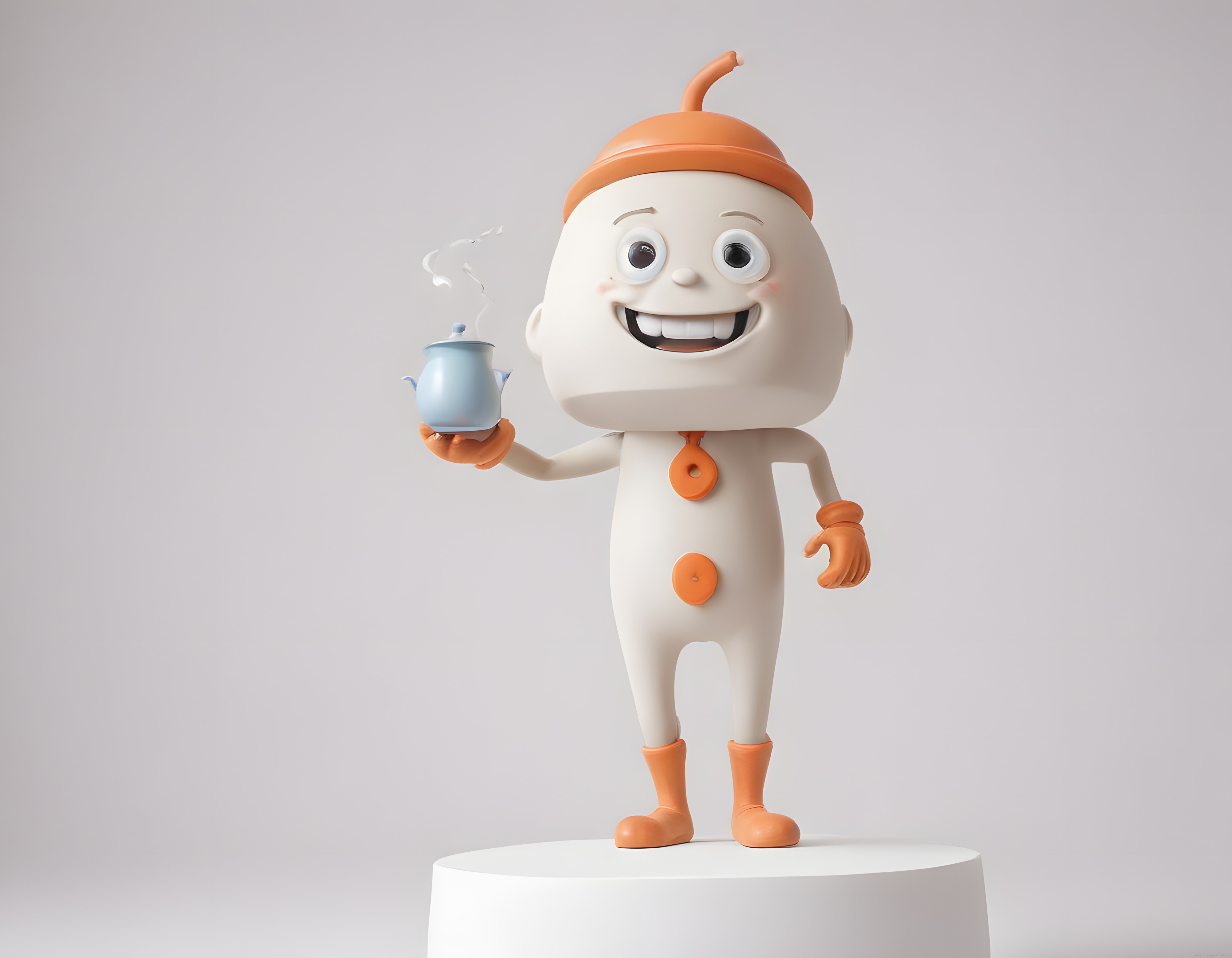 Sevimli 3D Karakter: Buharlı Çaydanlıkla Turuncu Şapkalı Maskot Figürü