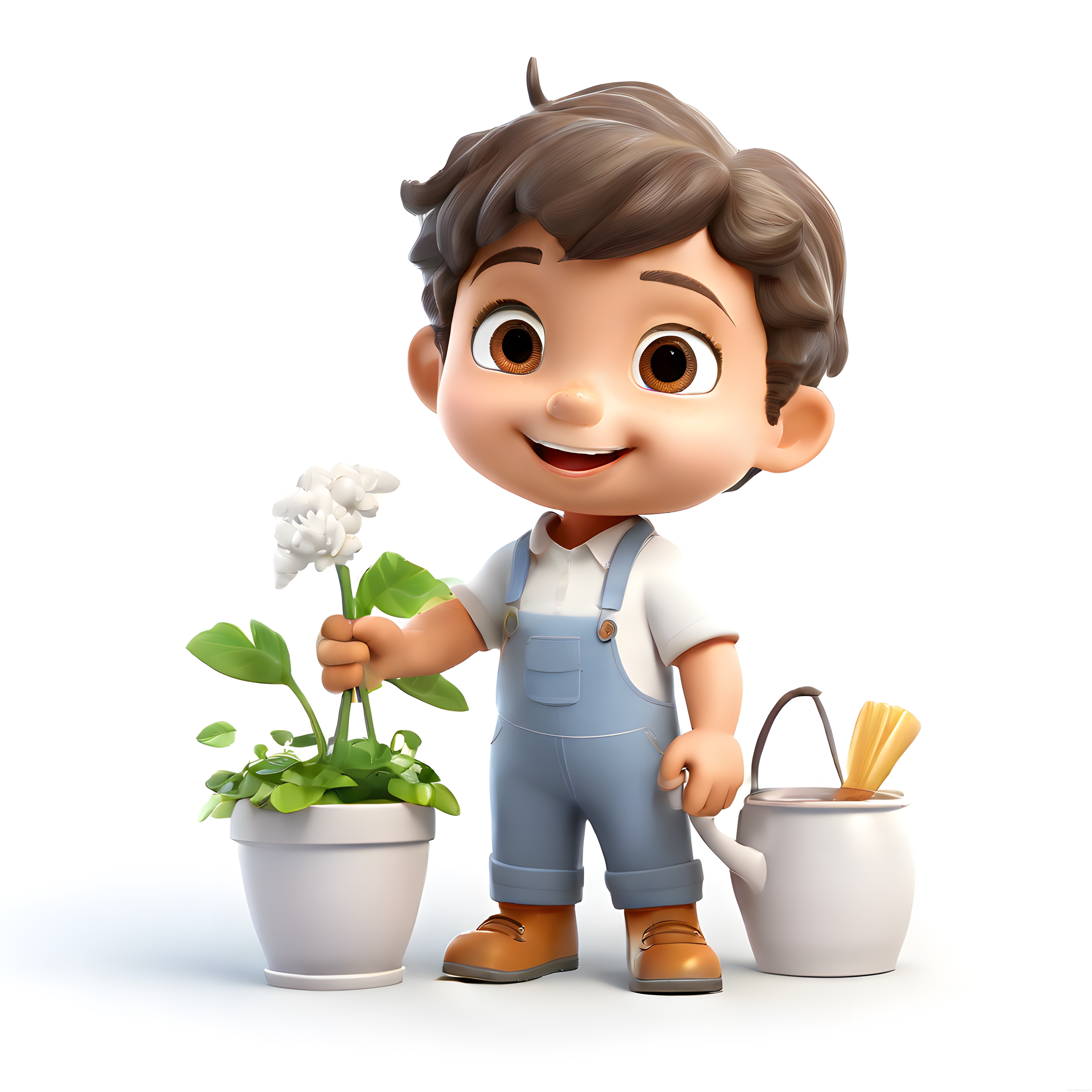 Sevimli 3D Karakter Saksı Çiçeğini Sularken Bahçecilik Yapıyor