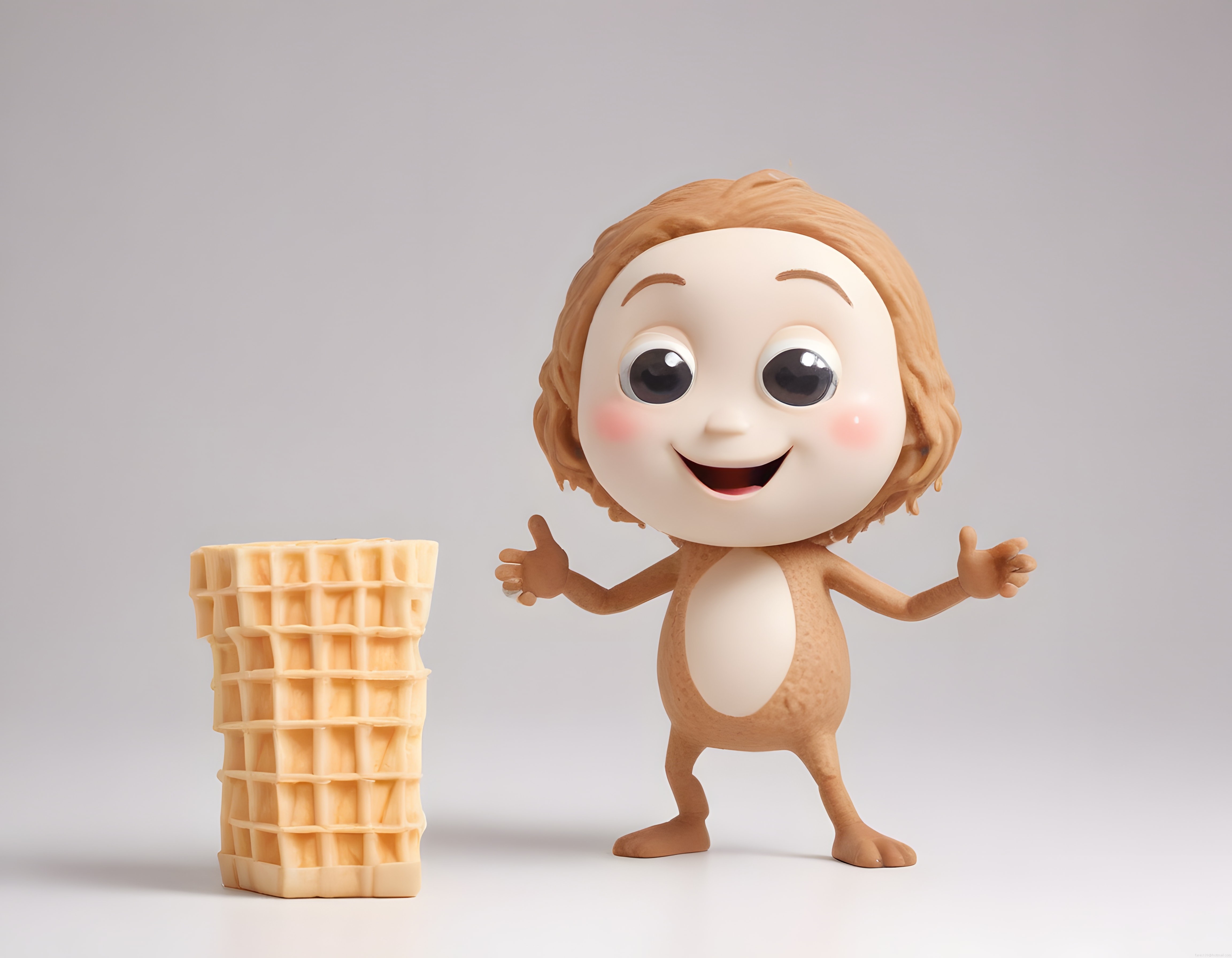 Sevimli 3D Karakter ve Waffle Külahlarıyla Renkli Animasyon Sahnesi