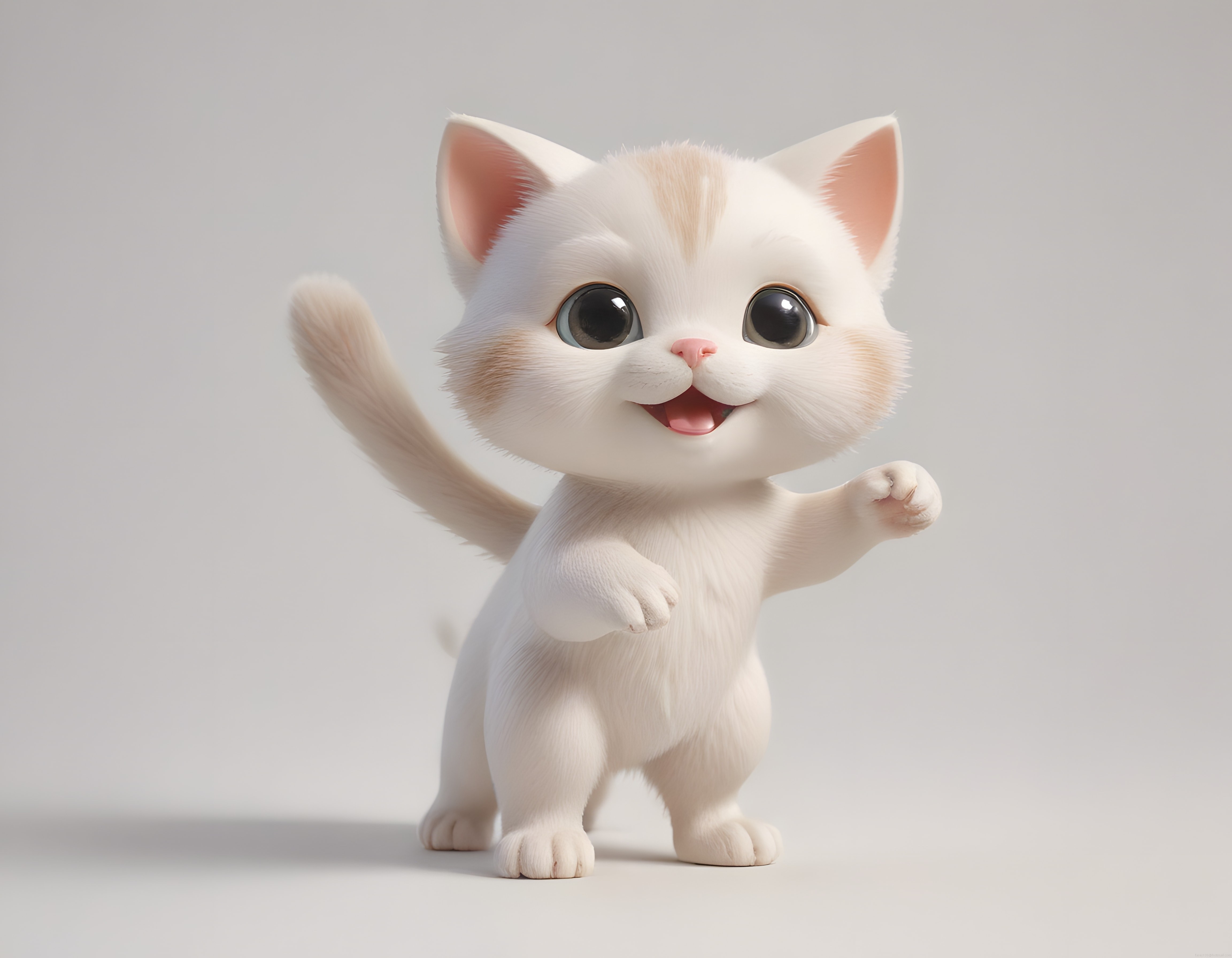 Sevimli 3D kedi yavrusu büyük gözleri ve yumuşak tüyleriyle neşeli poz veriyor