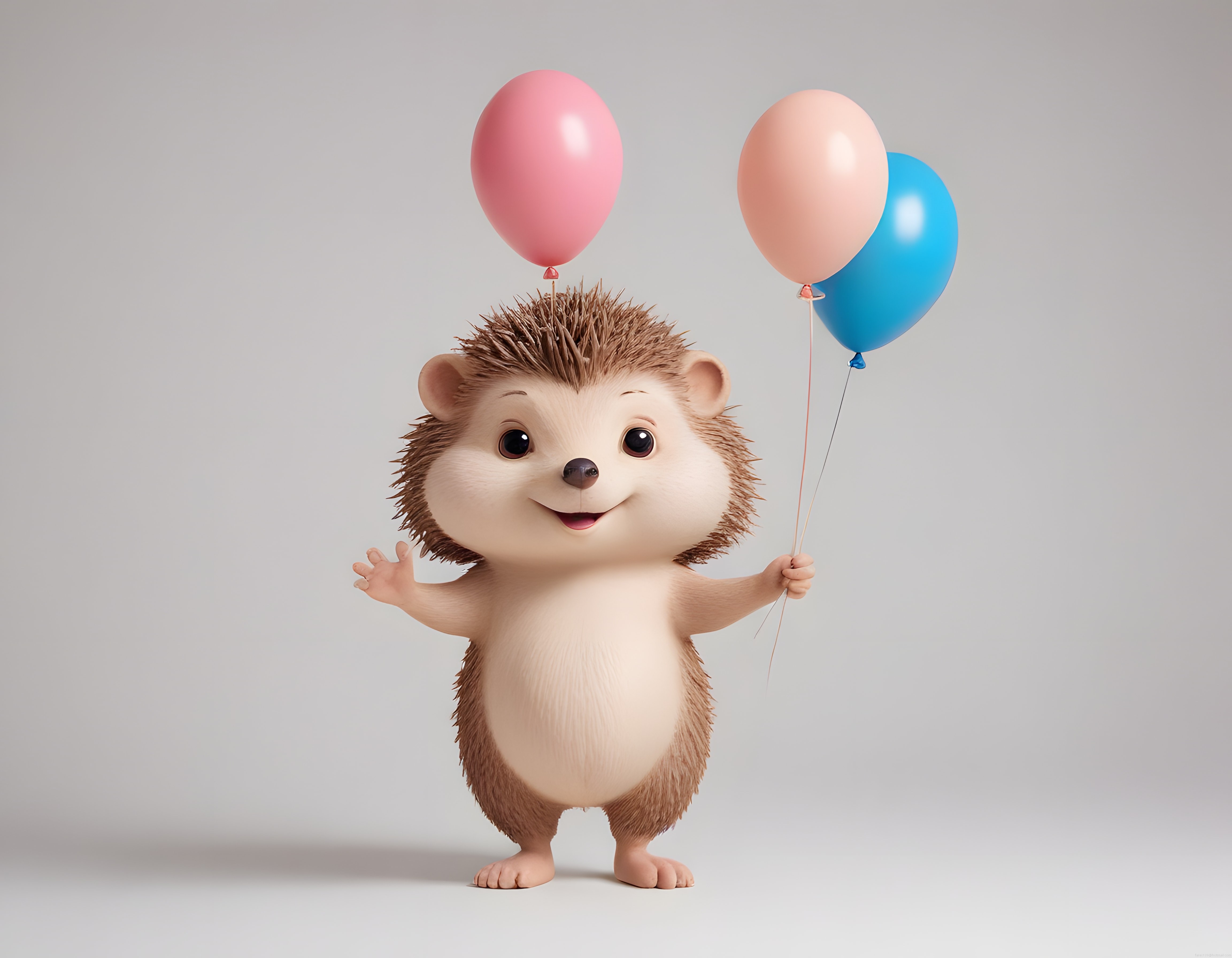 Sevimli 3D Kirpi Karakteri Renkli Balonlarla Mutlu Bir Şekilde Gülümsüyor