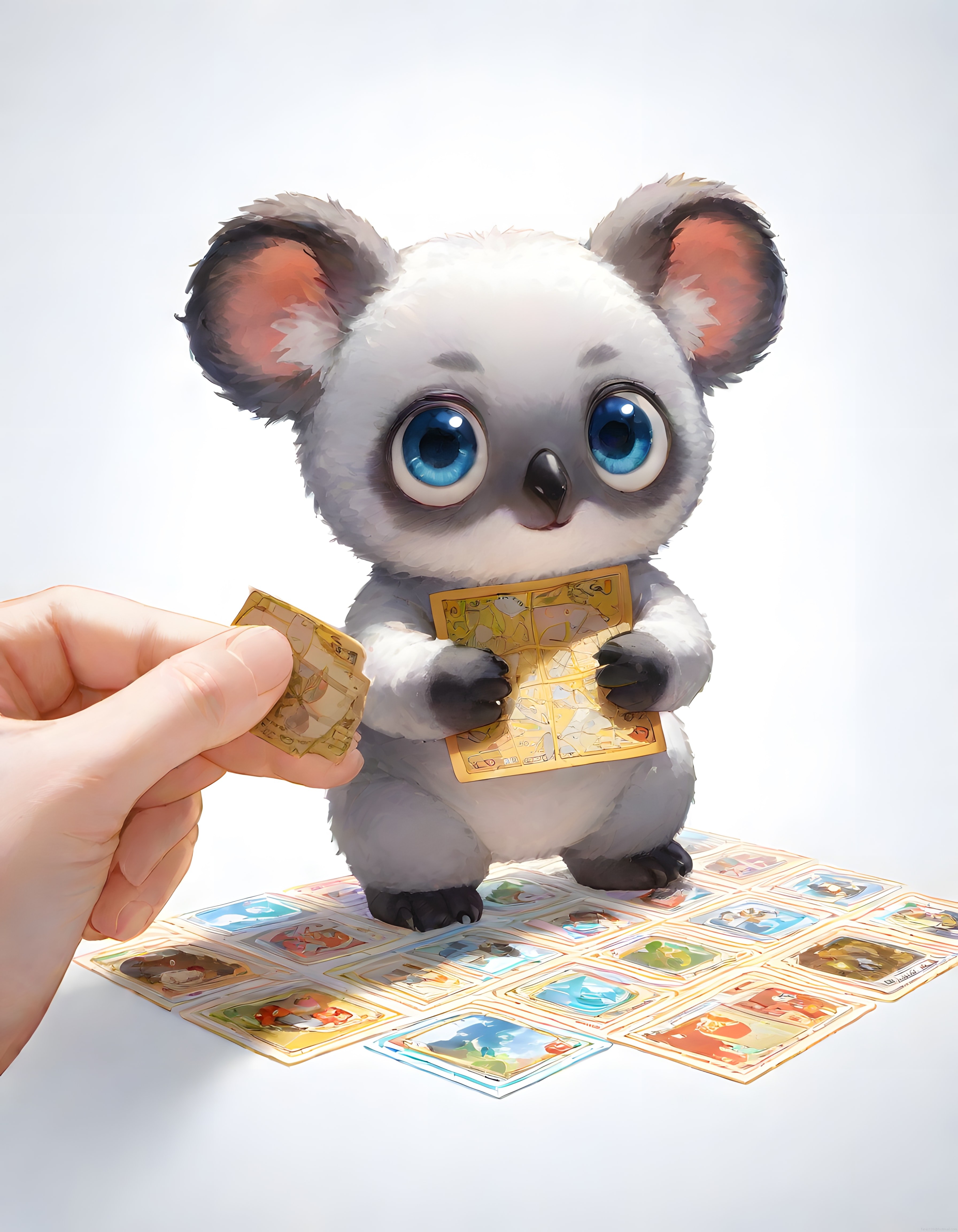 Sevimli 3D Koala Karakteri Koleksiyon Kartlarını İncelerken Masalsı An