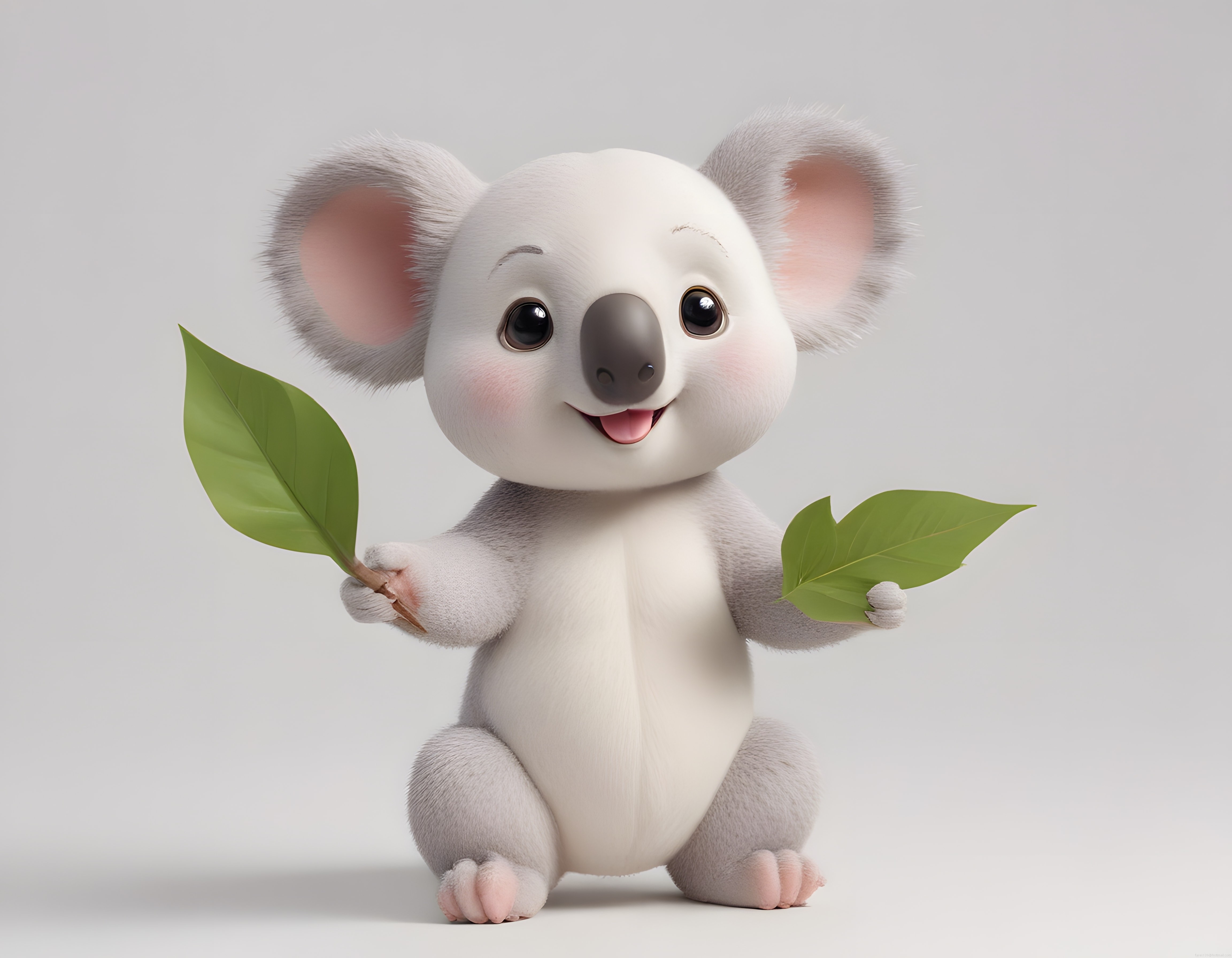 Sevimli 3D Koala Karakteri: Yaprak Tutarak Gülümseyen Minik Animasyon Figürü