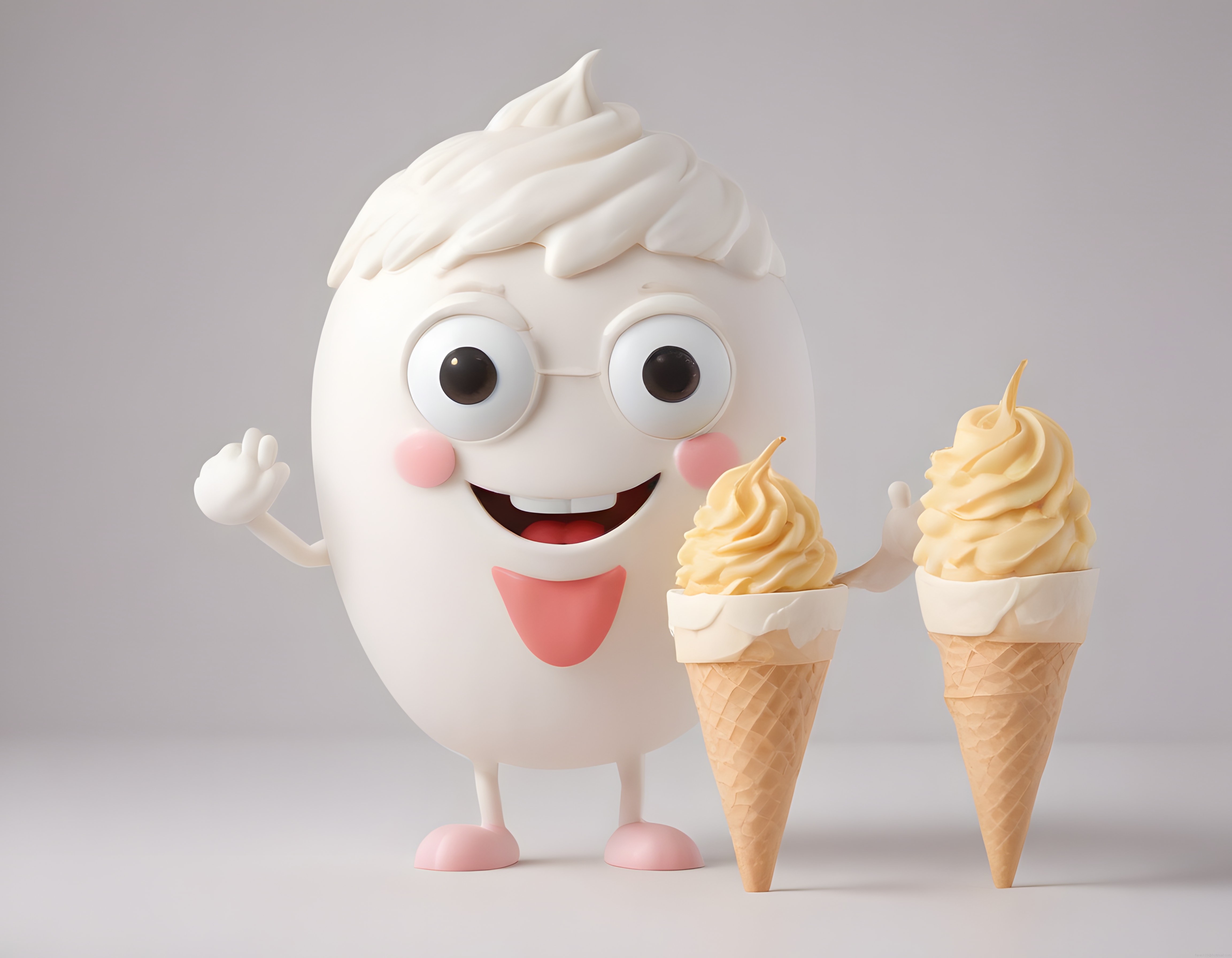 Sevimli 3D Krema Karakteri ve El Yapımı Waffle Külah Dondurmaları