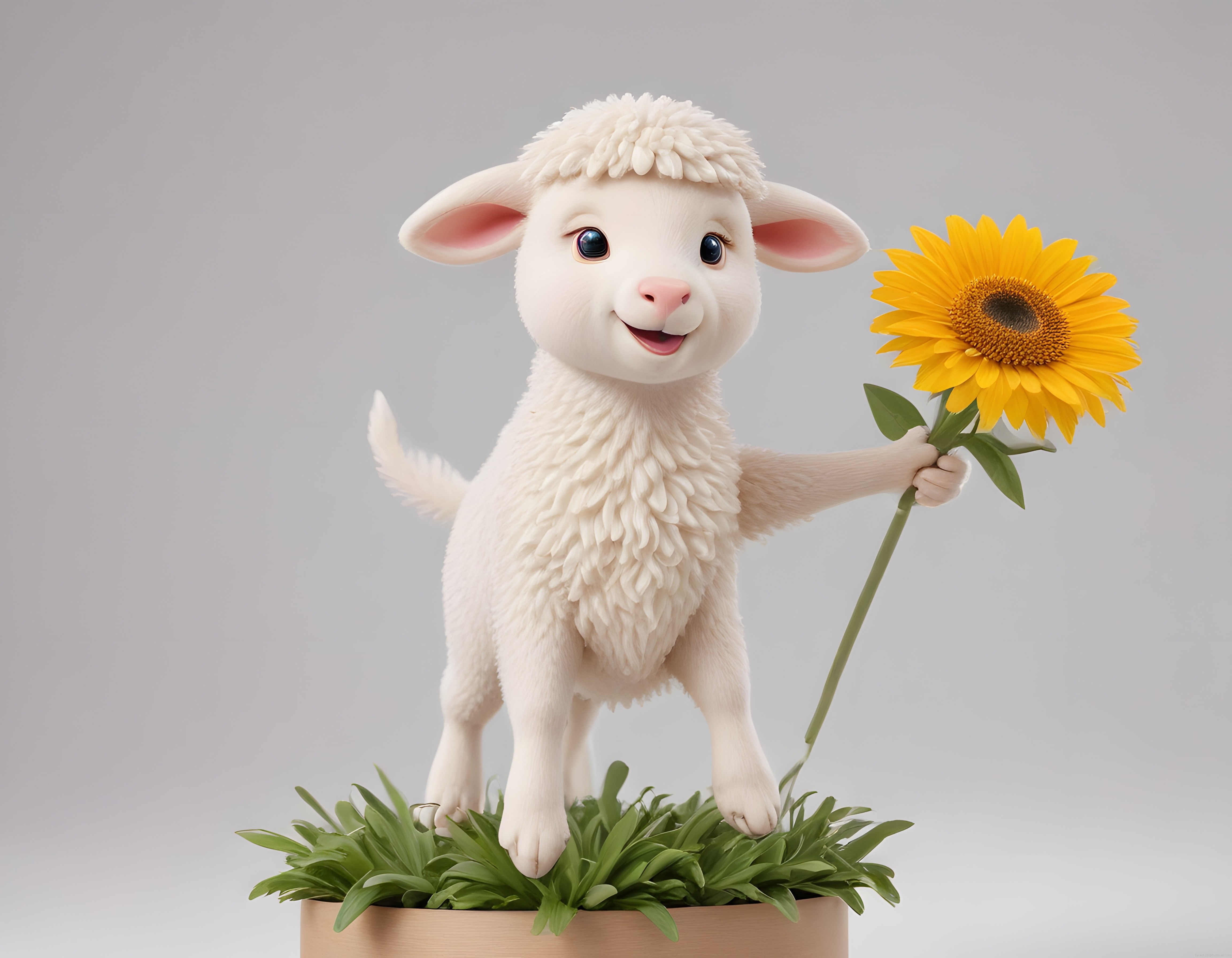 Sevimli 3D Kuzu Yavrusu Karakteri Elinde Parlak Sarı Ayçiçeği ile Gülümsüyor