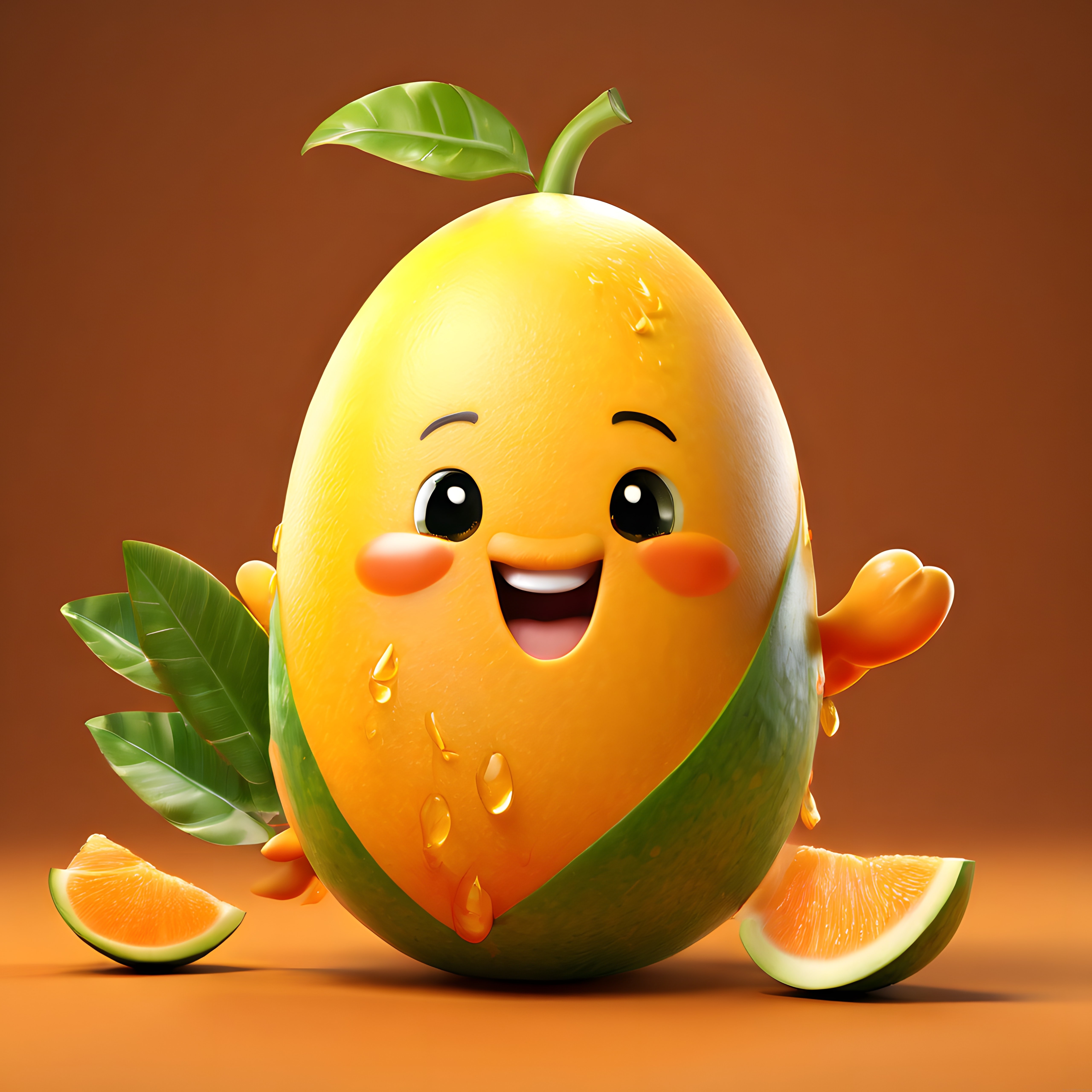 Sevimli 3D Mango Karakteri: Gülümseyen Meyve Maskotu ve Tropikal Dilimler