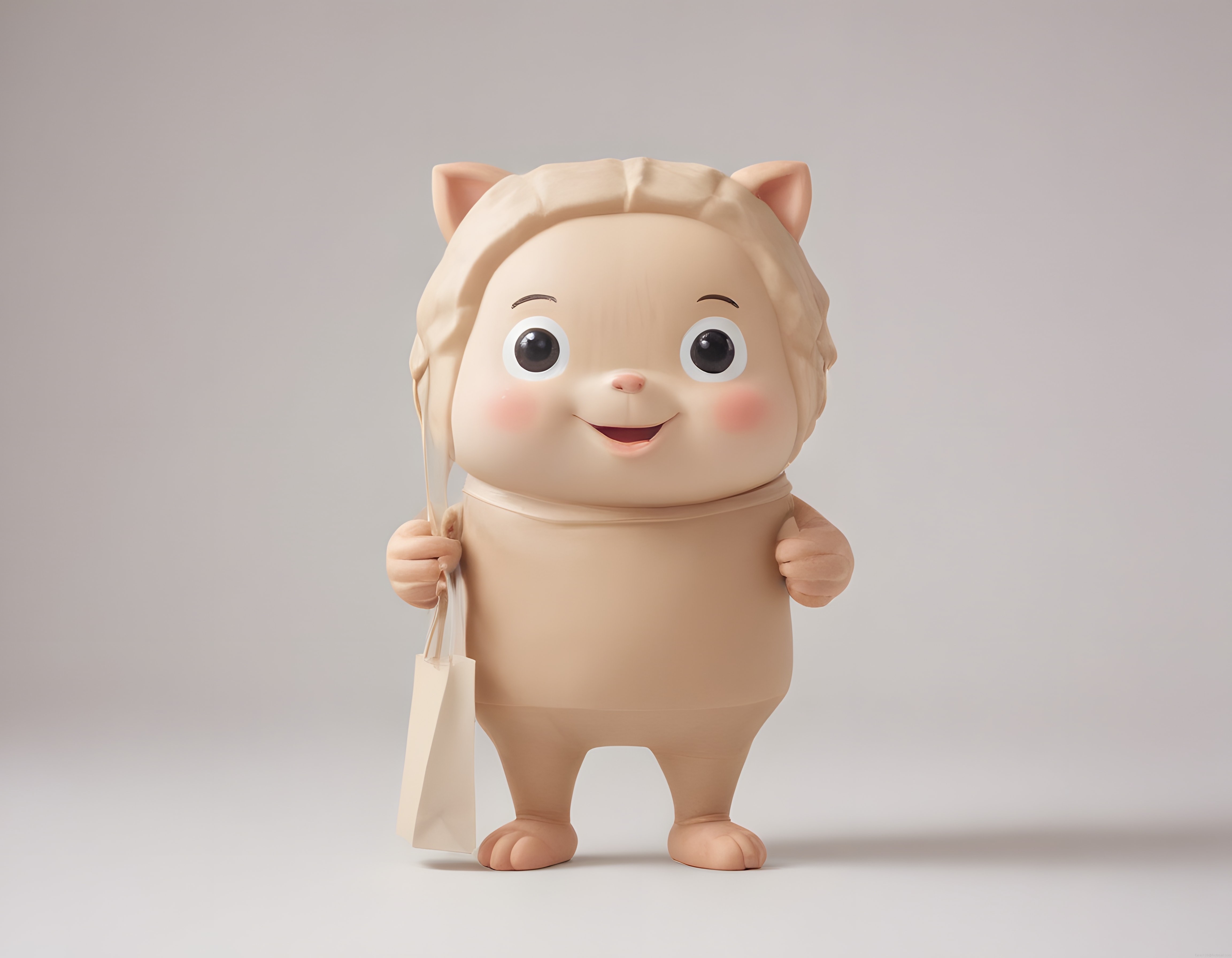 Sevimli 3D Maskot Karakter: Kulaklı Şapkalı Bej Figür ve Alışveriş Çantası