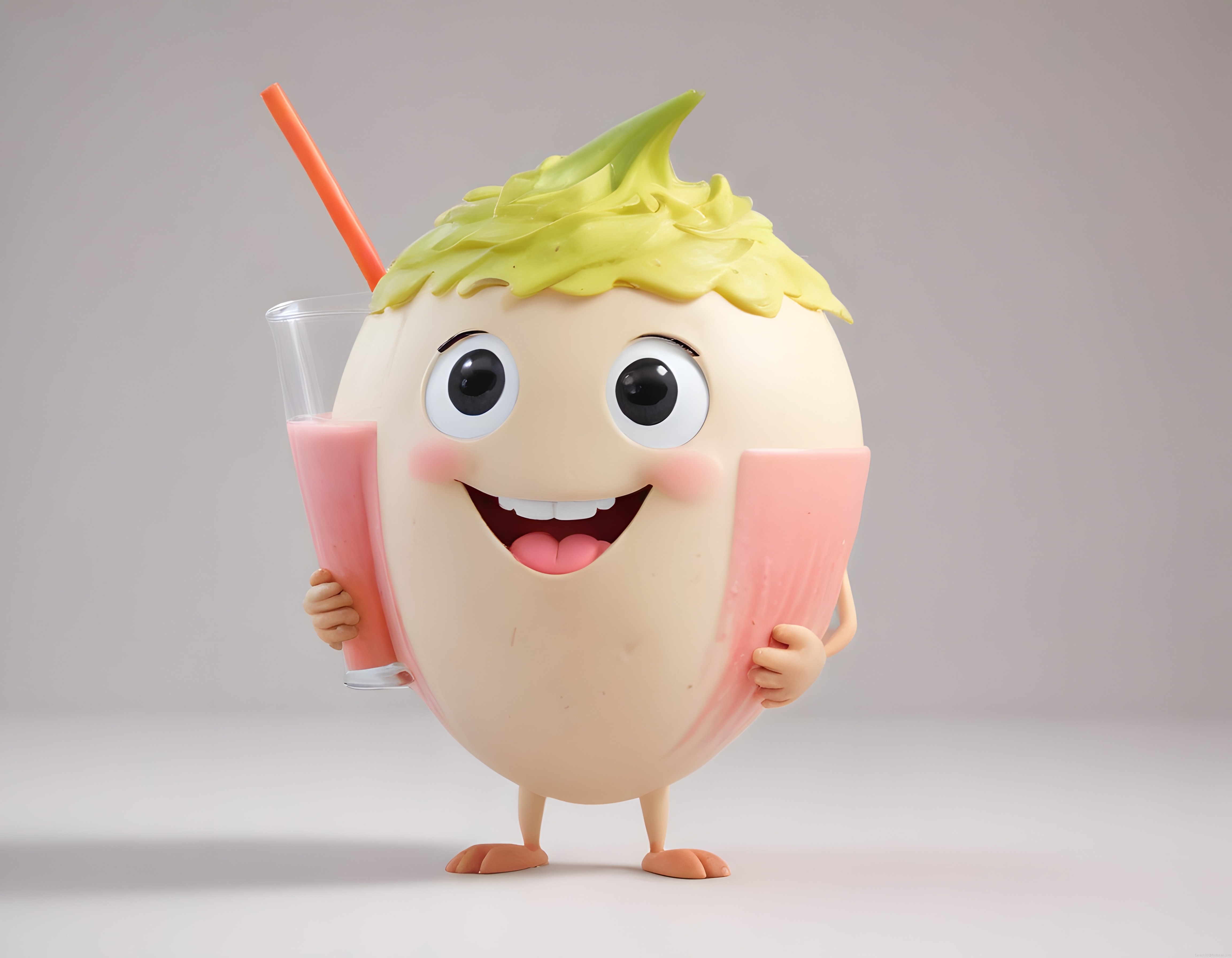 Sevimli 3D meyve karakteri elinde pembe smoothie ile gülümseyen maskot