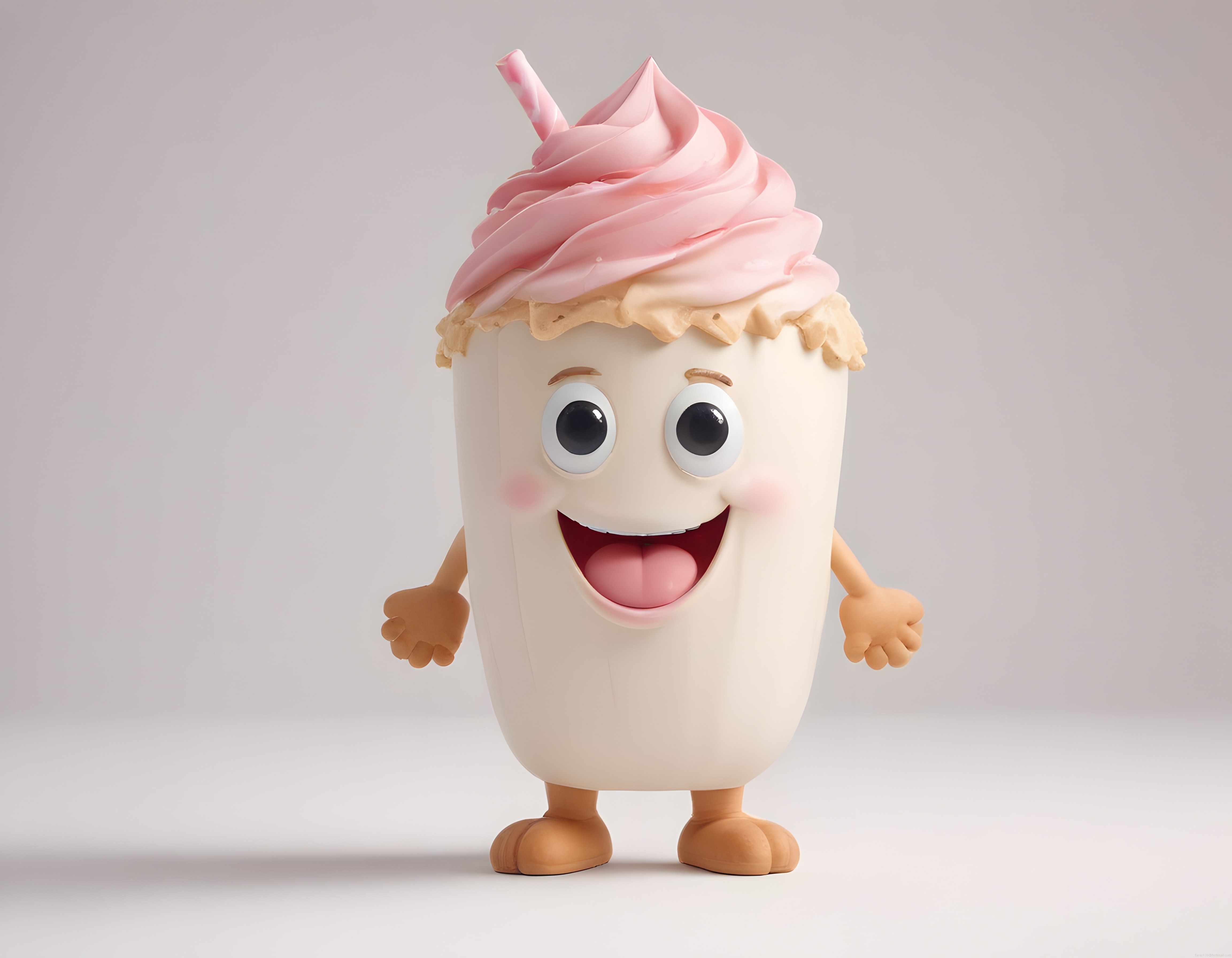Sevimli 3D milkshake karakteri, pembe krema ve neşeli çizgi film maskotu