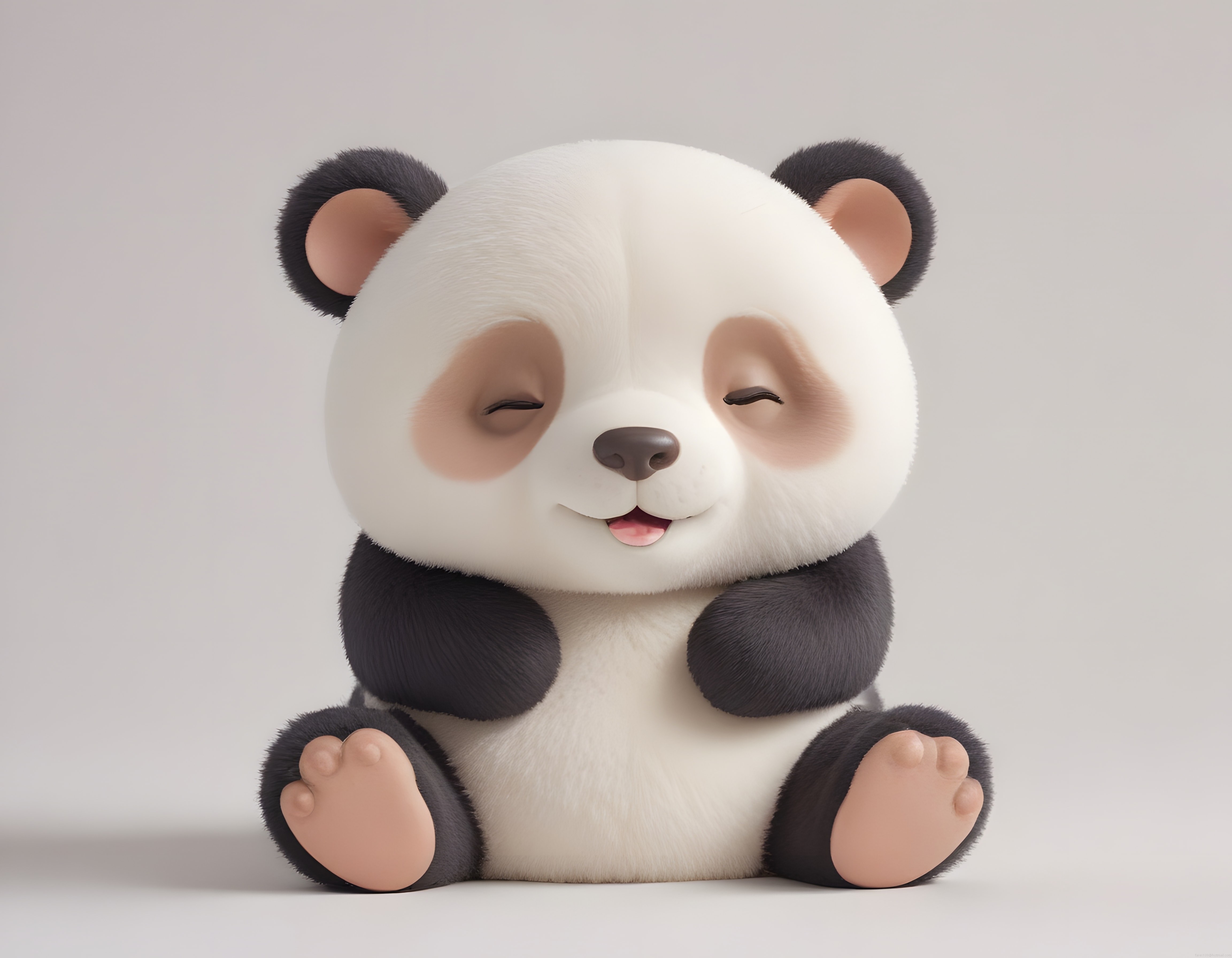 Sevimli 3D Panda: Gözleri Kapalı, Yumuşak Tüylü ve Mutlu Çizgi Film Maskotu