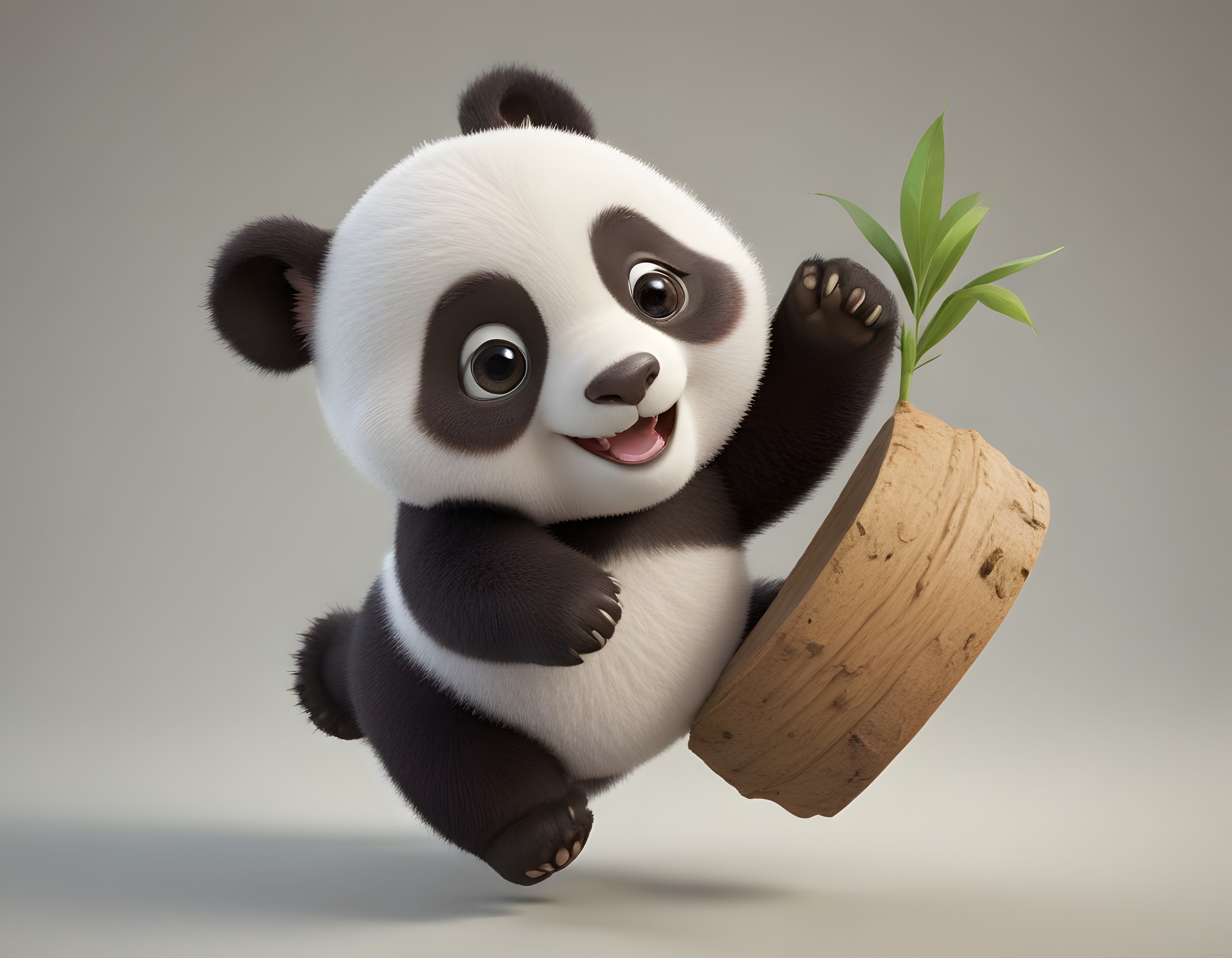 Sevimli 3D Panda Yavrusu Bambu Fidanı ile Neşeli Poz Veriyor