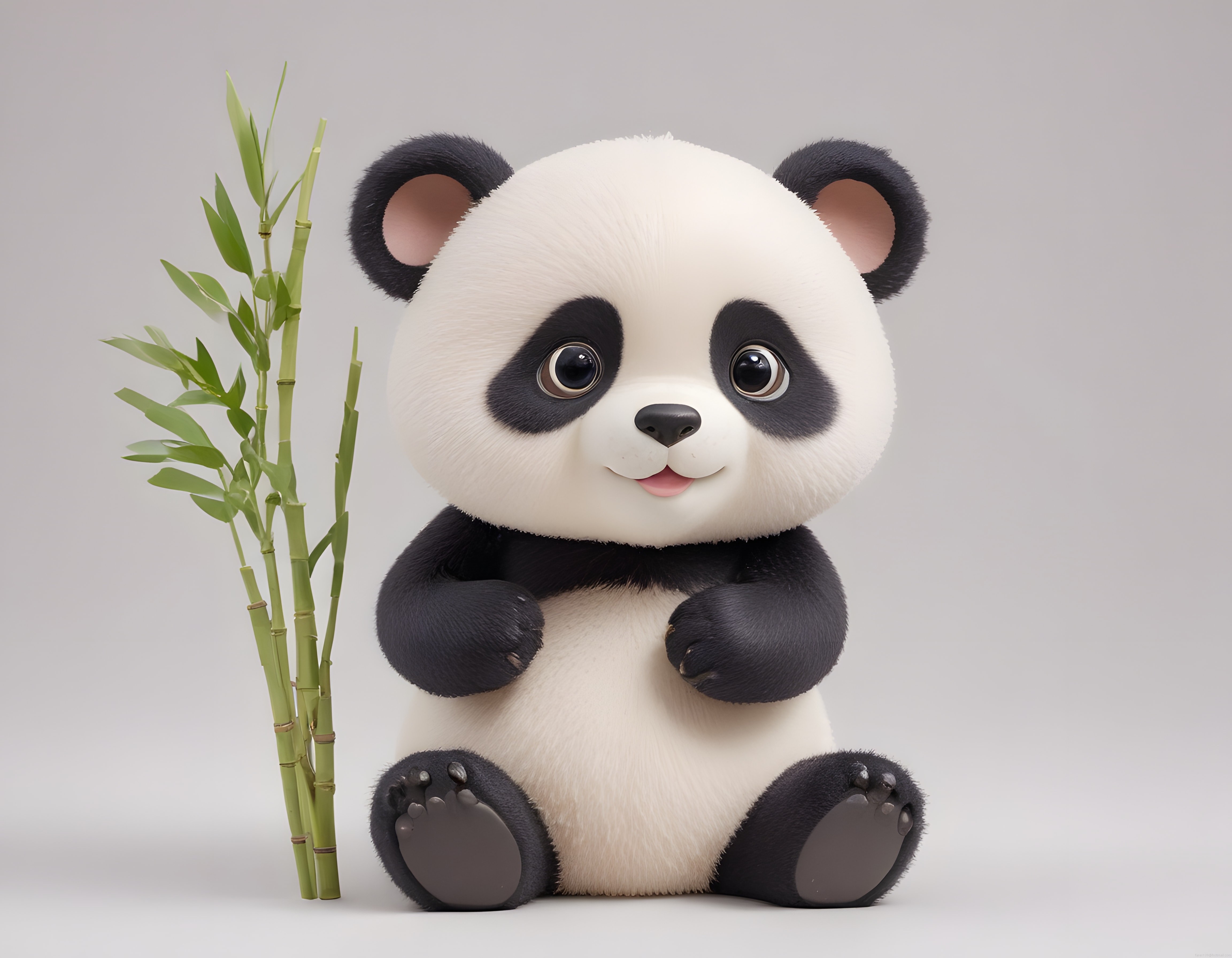 Sevimli 3D Panda Yavrusu ve Yanındaki Taze Bambu Dallarıyla Karakter Tasarımı