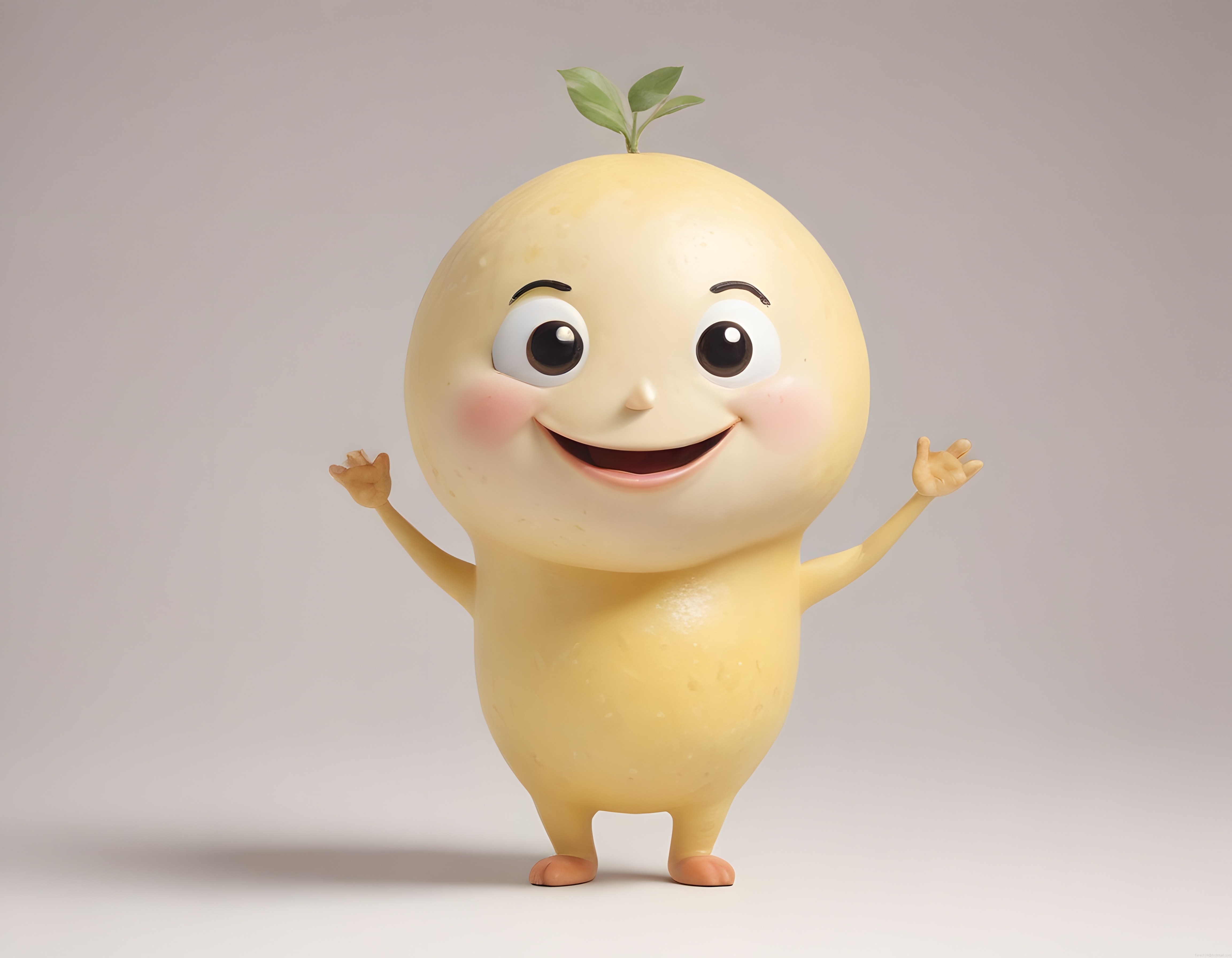 Sevimli 3D Patates Karakter: Başındaki Fideyle Gülümseyen Animasyon Maskot