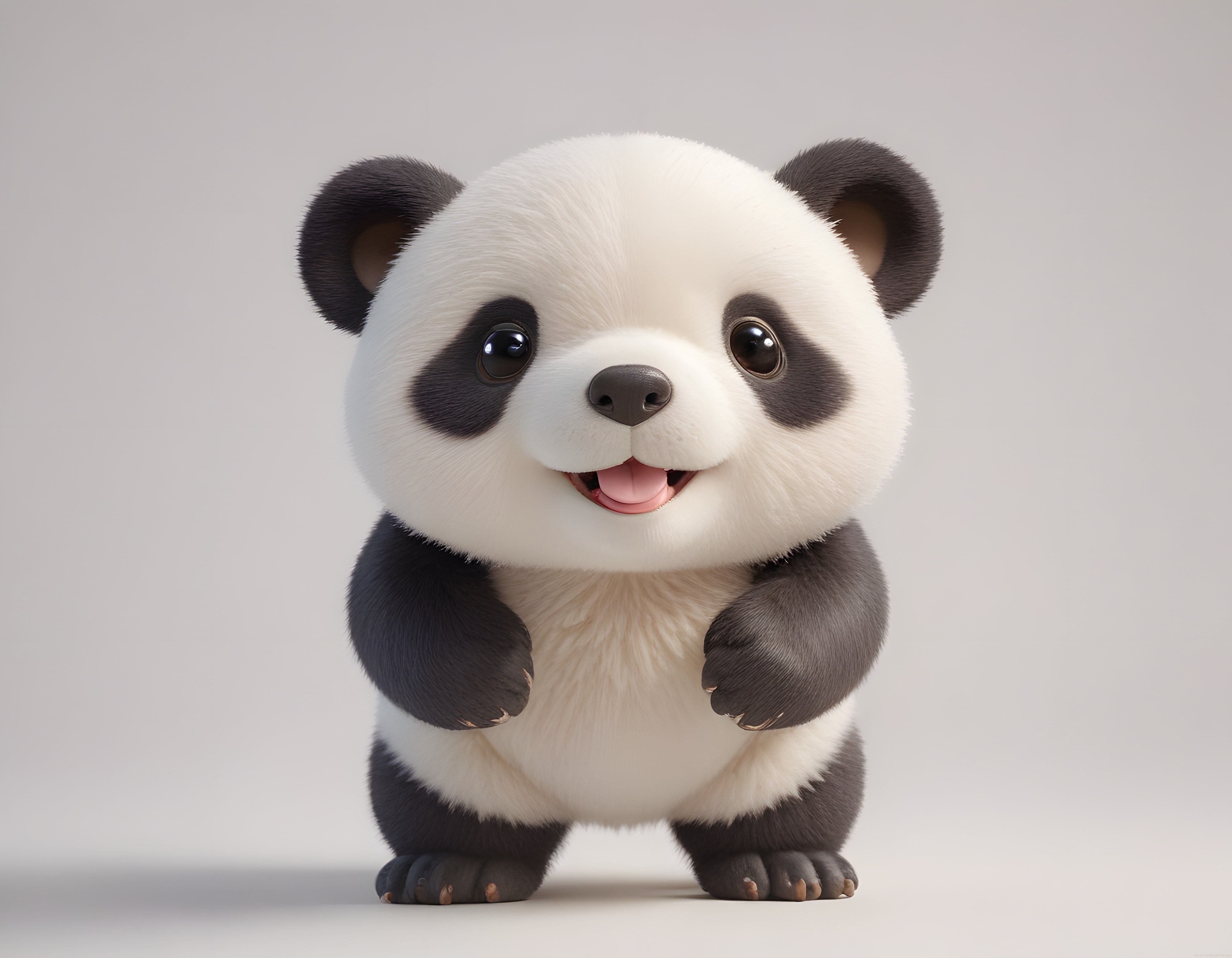 Sevimli 3D peluş panda yavrusu: büyük gözlü ve gülümseyen karakter tasarımı