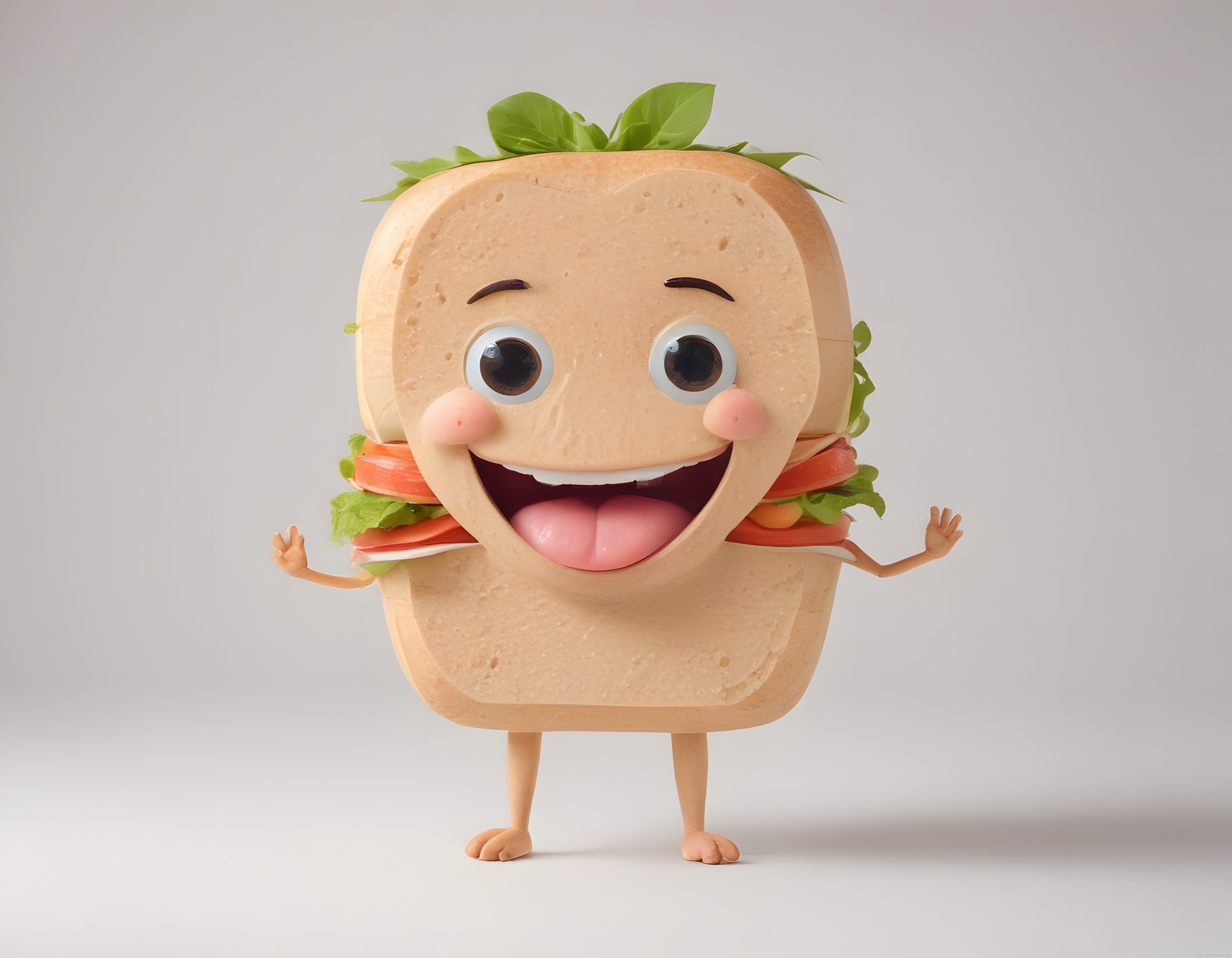 Sevimli 3D Sandviç Karakteri: Neşeli Gülümseyen Fast Food Maskotu Tasarımı