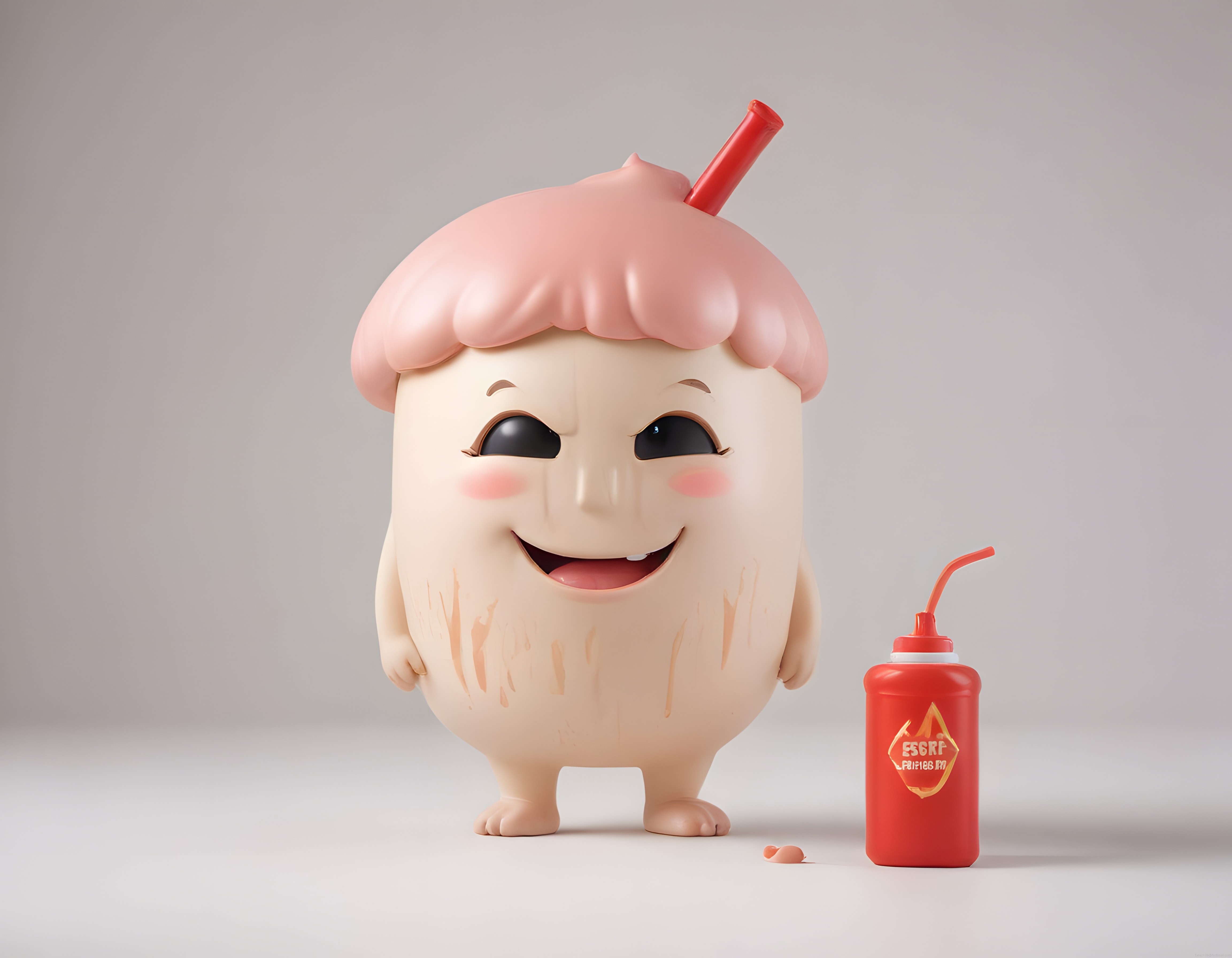Sevimli 3D Sos Şişesi Karakteri: Pembe Kapaklı ve Kırmızı Pipetli Mutlu Maskot