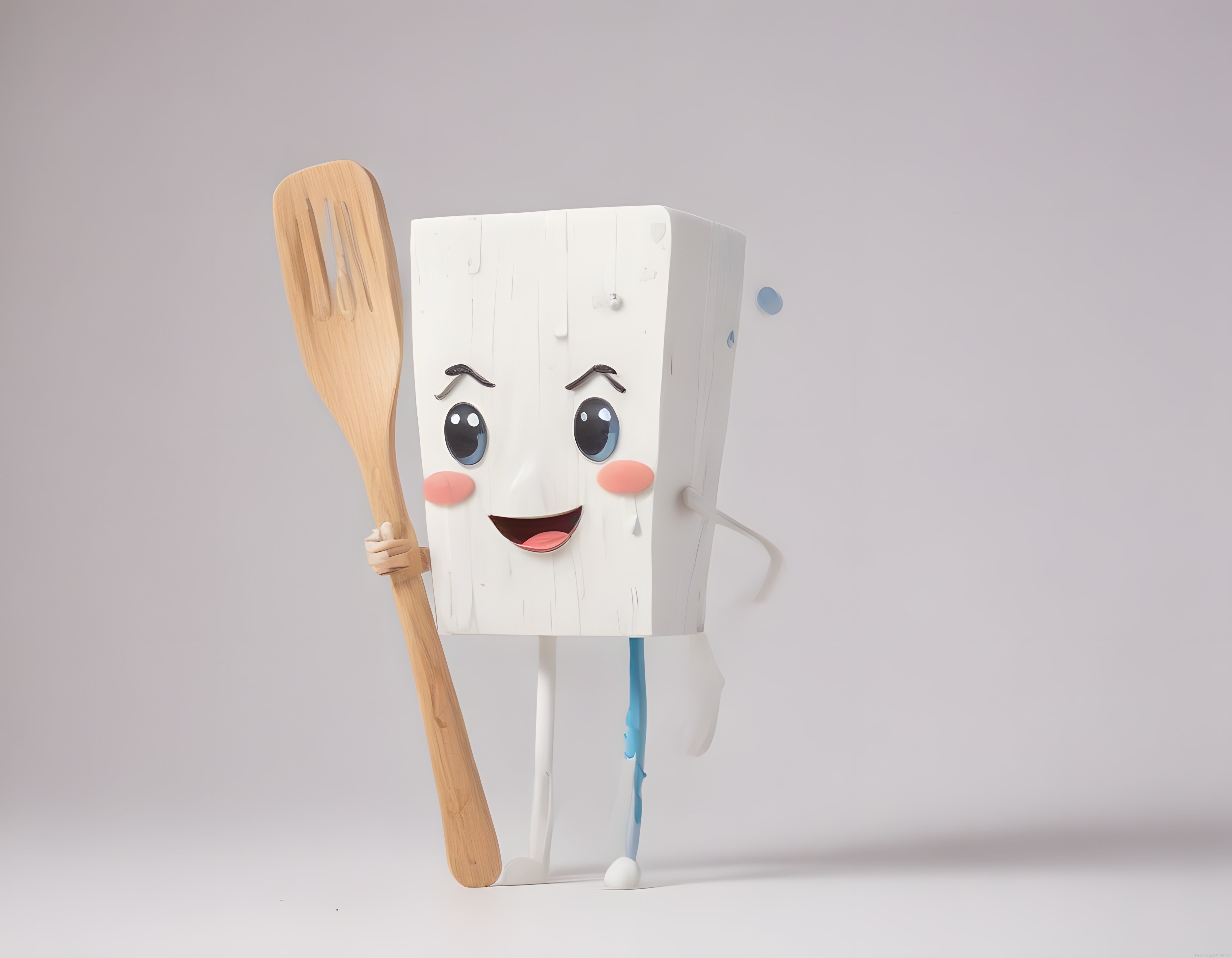 Sevimli 3D Süt Kutusu Karakteri Ahşap Spatula ile Mutfakta Poz Veriyor