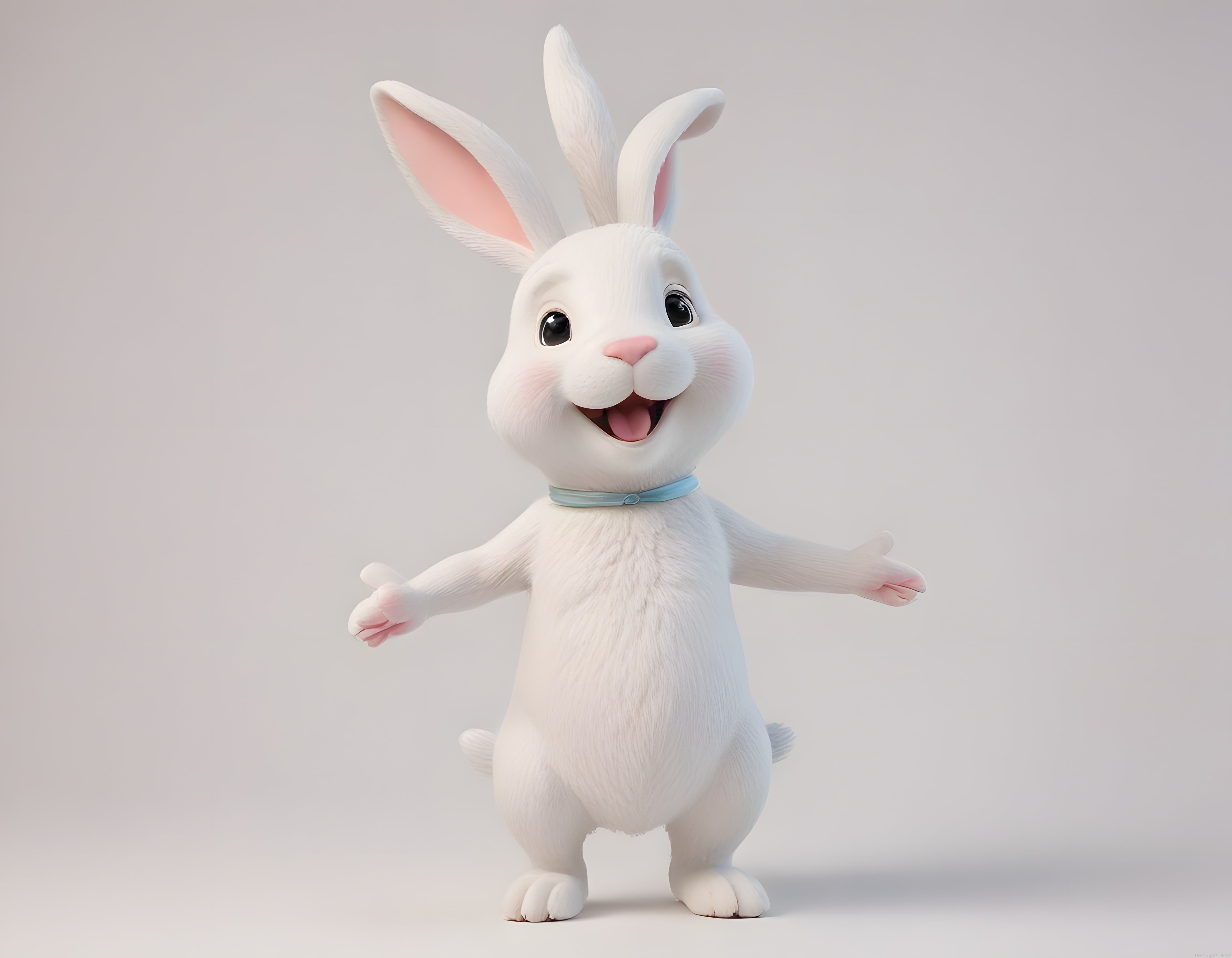 Sevimli 3D Tavşan Karakteri: Masum Gülümseyen Beyaz Bunny ve Mavi Tasması