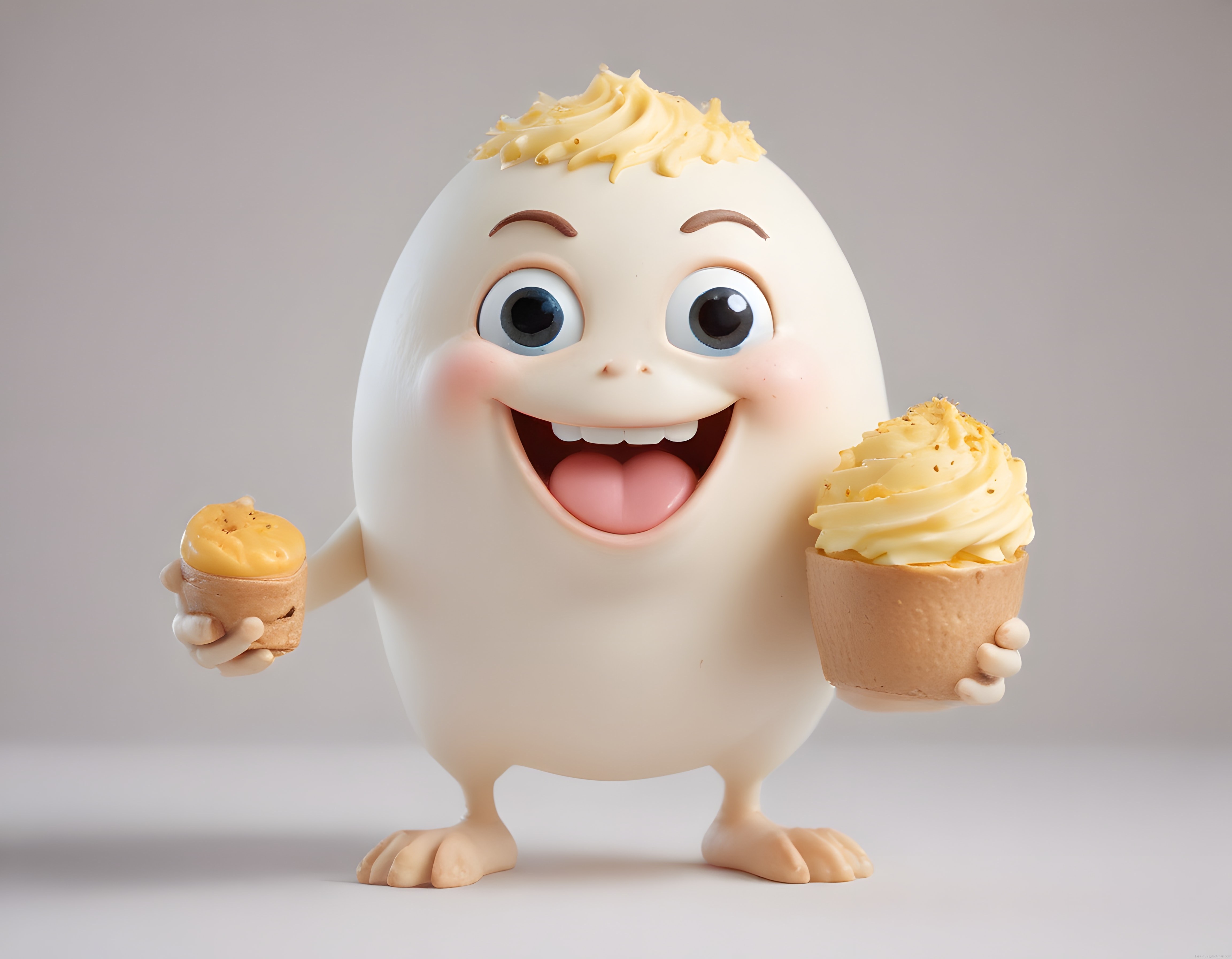 Sevimli 3D Yumurta Karakteri Ellerinde Cupcake Tutarak Neşeyle Gülümsüyor