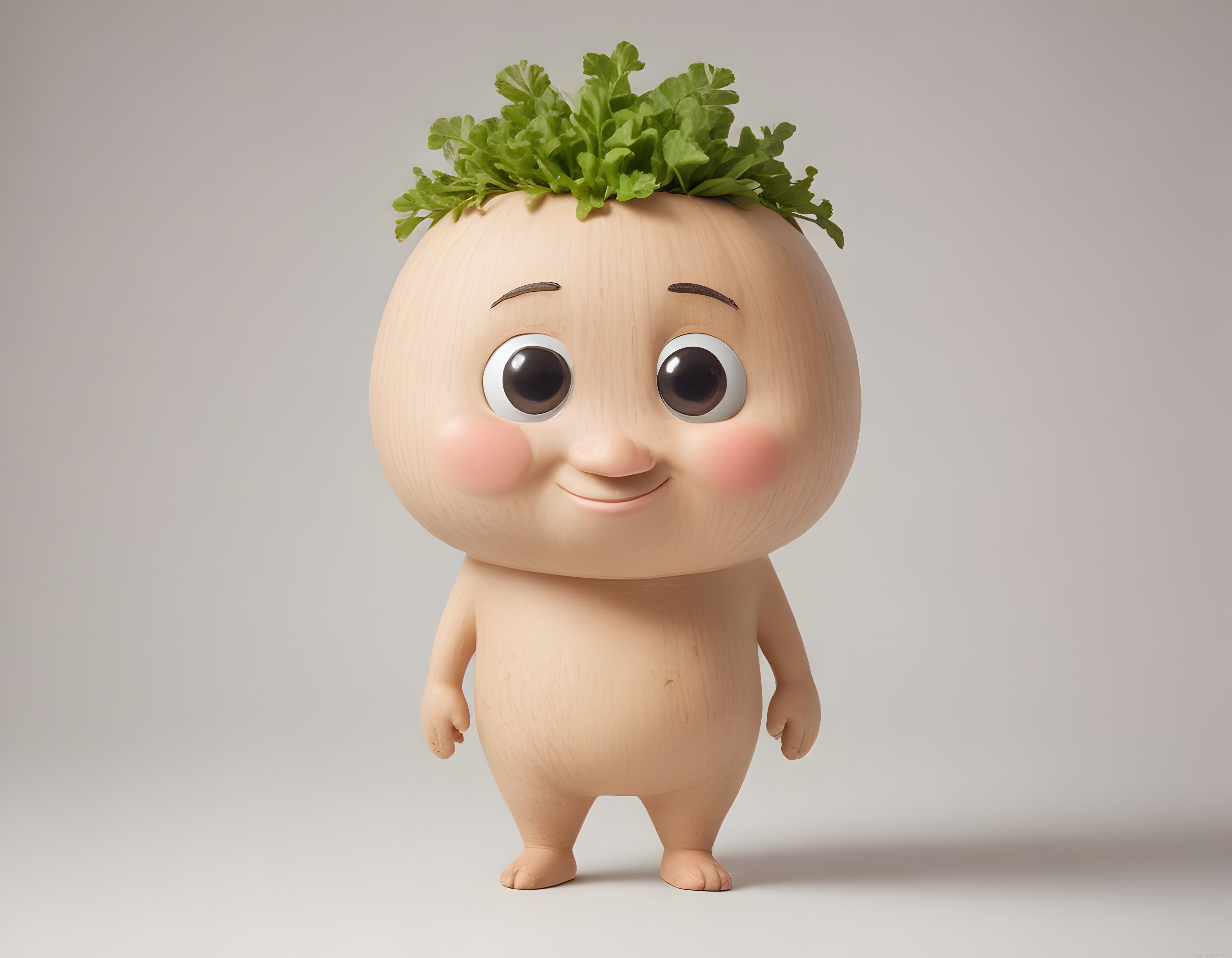 Sevimli Ahşap Dokulu 3D Karakter Başında Yeşil Bitkilerle Masalsı Bir Figür