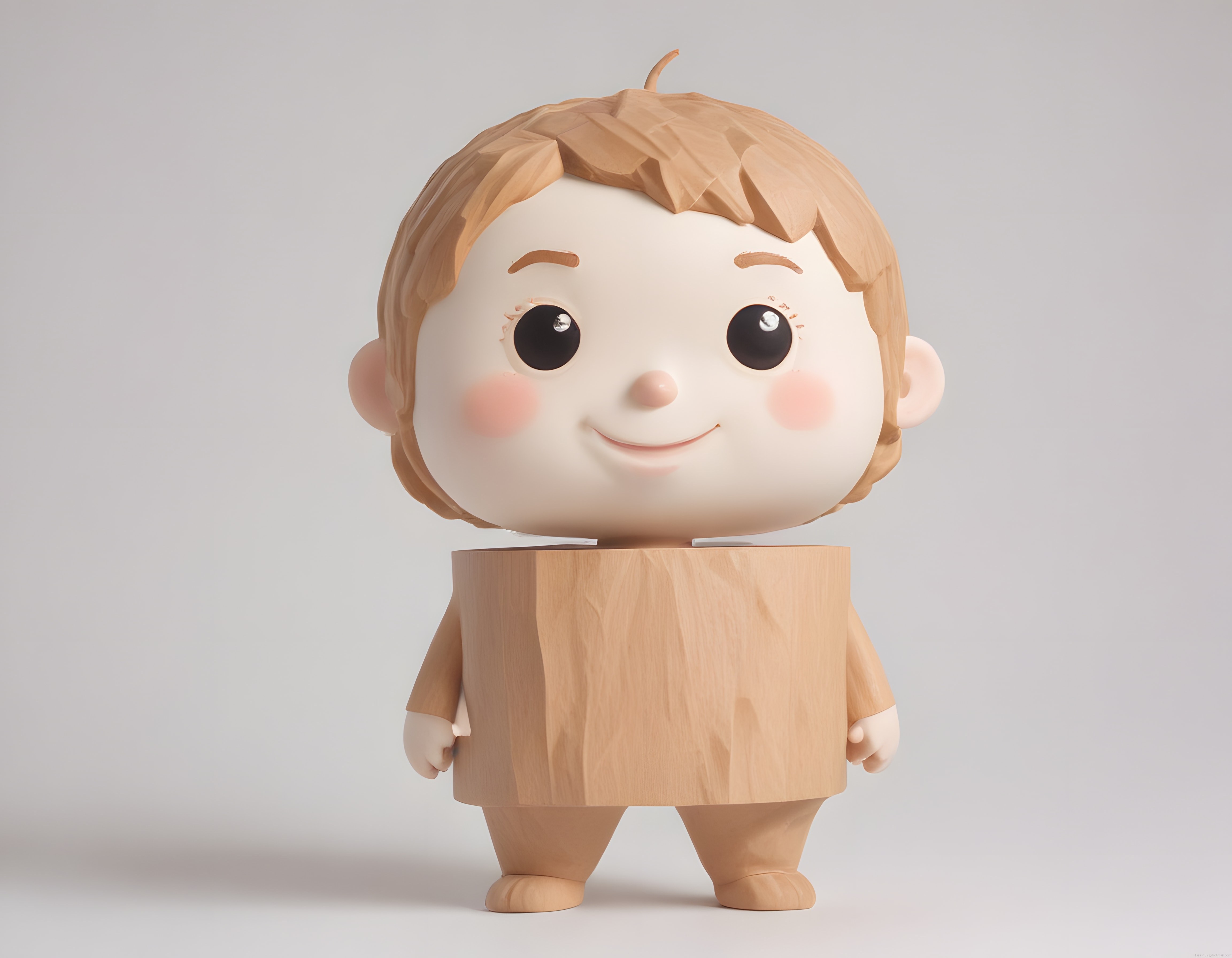 Sevimli Ahşap Dokulu Çocuk Karakteri: Minimal 3D Dijital Sanat Tasarımı