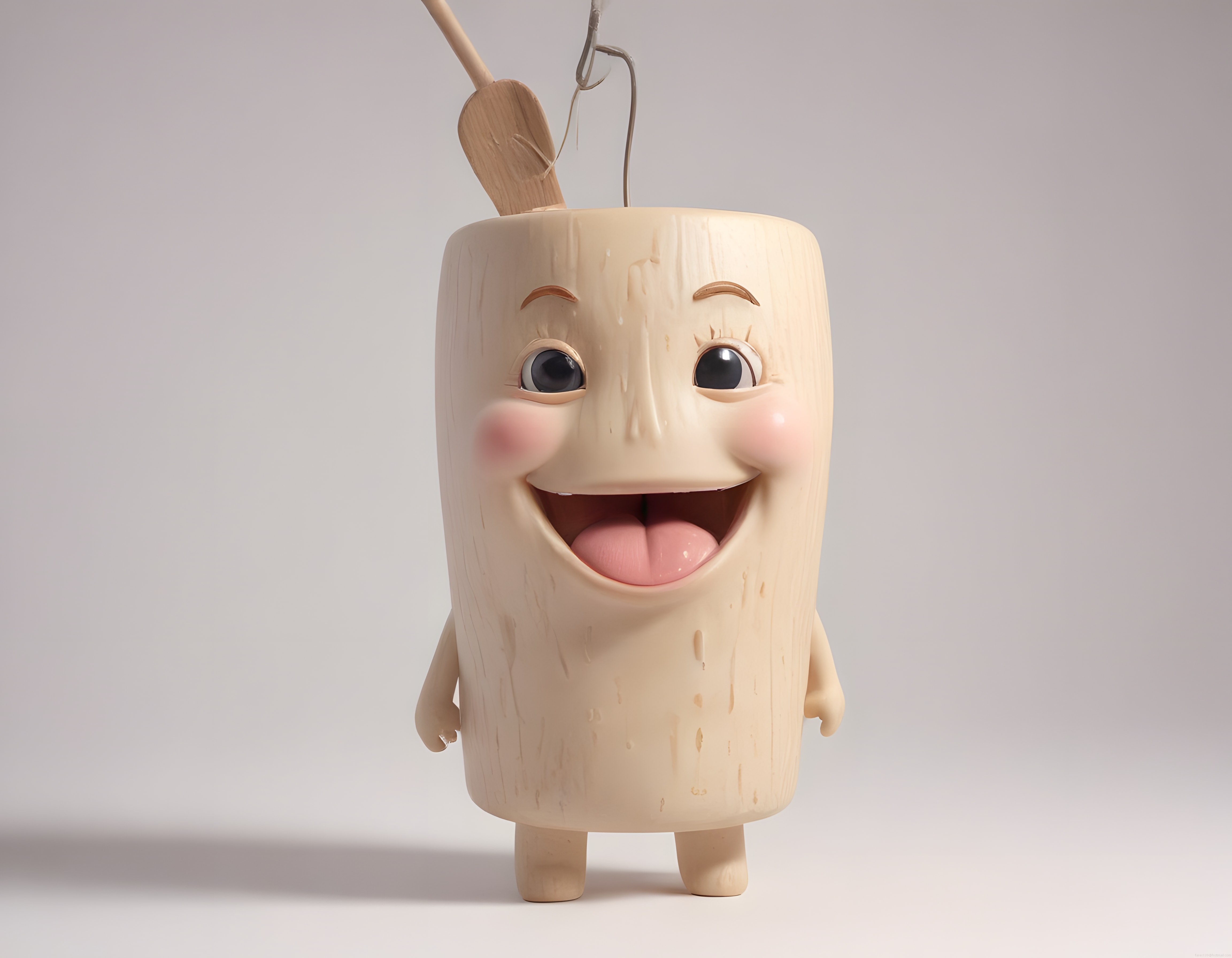 Sevimli ahşap fındık karakteri dilini çıkarmış mutlu 3D render çalışması