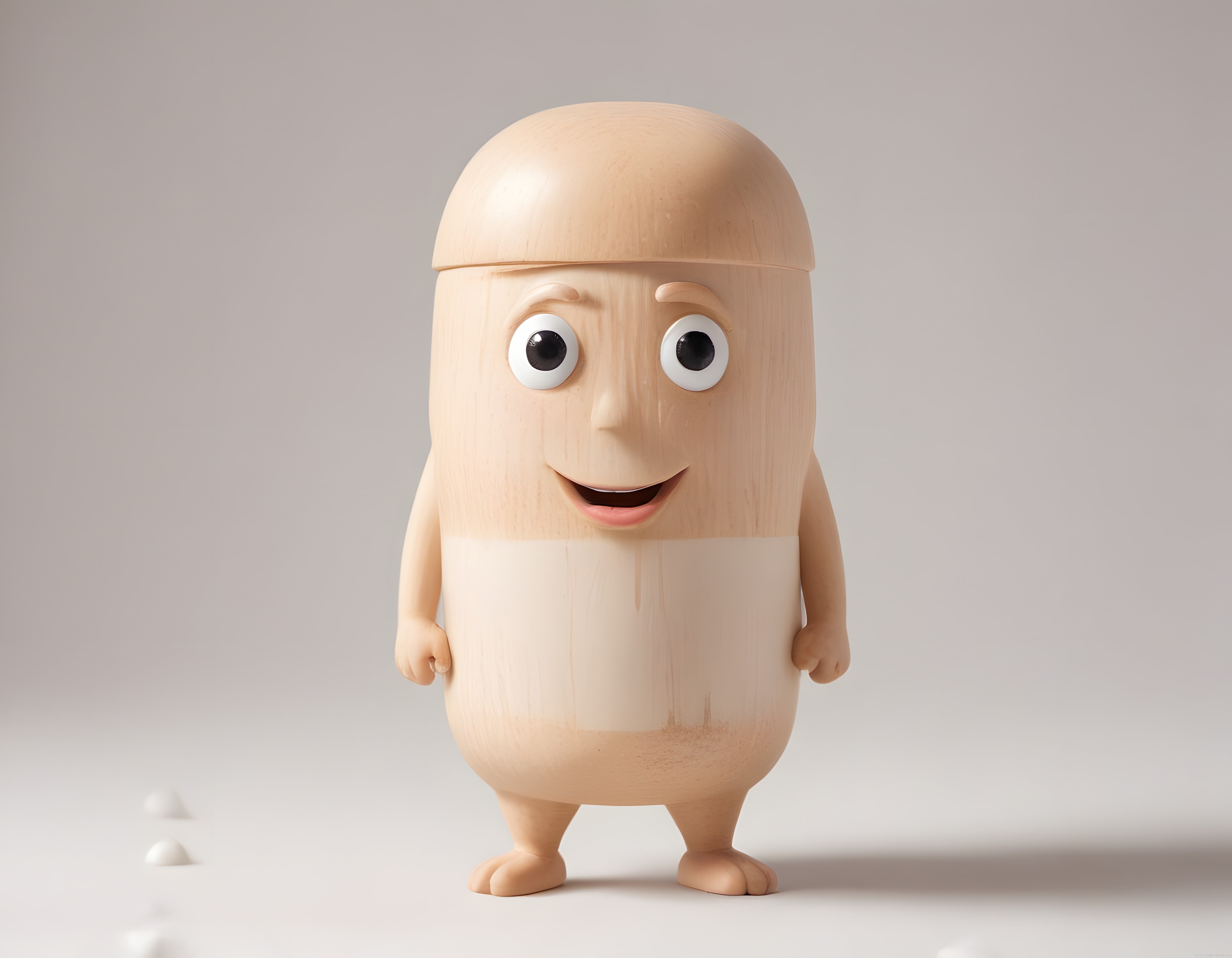 Sevimli ahşap görünümlü 3D kapsül karakter ve minimalist beyaz arka plan