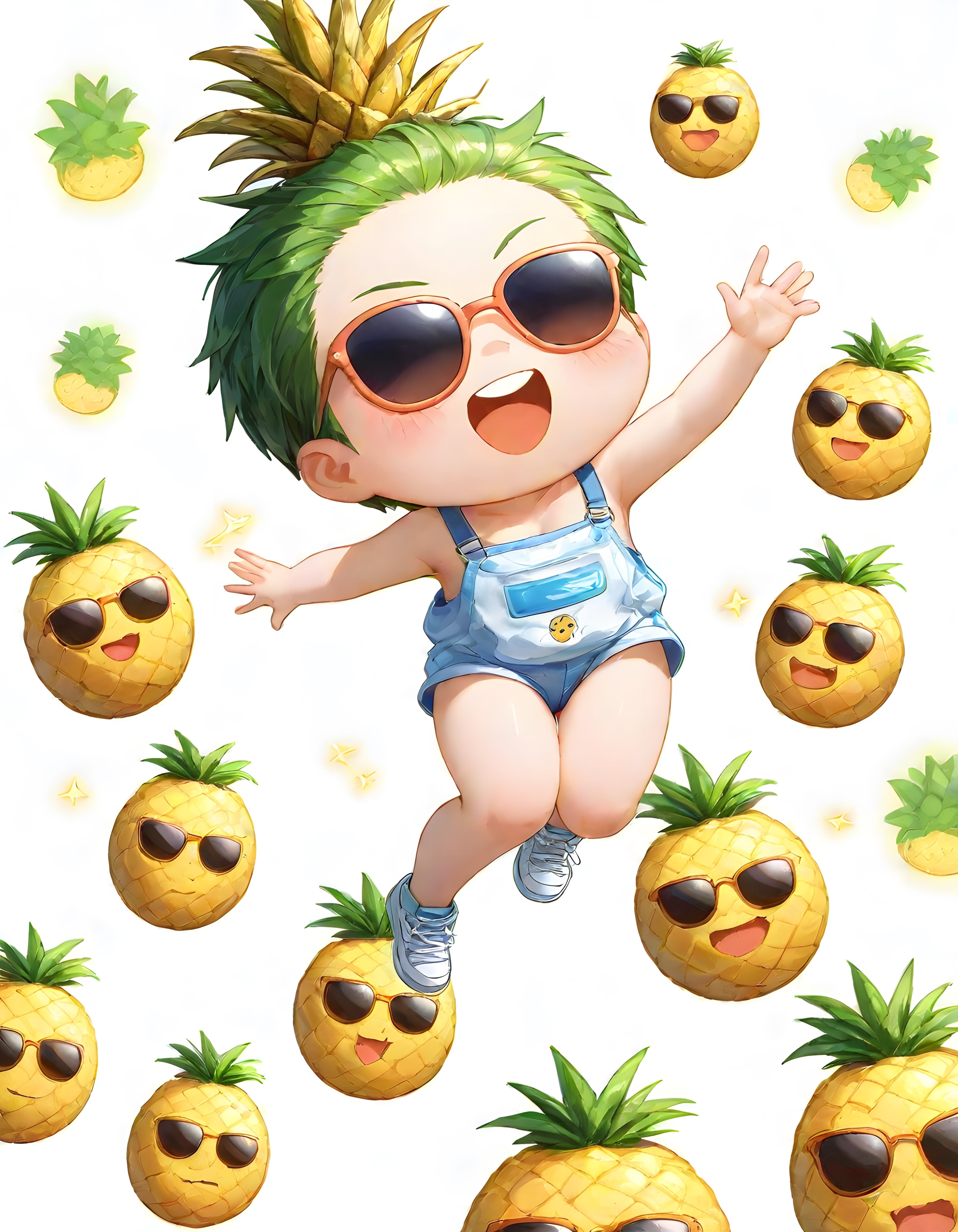 Sevimli Ananas Başlı Chibi Bebek ve Güneş Gözlüklü Ananas Karakterleri