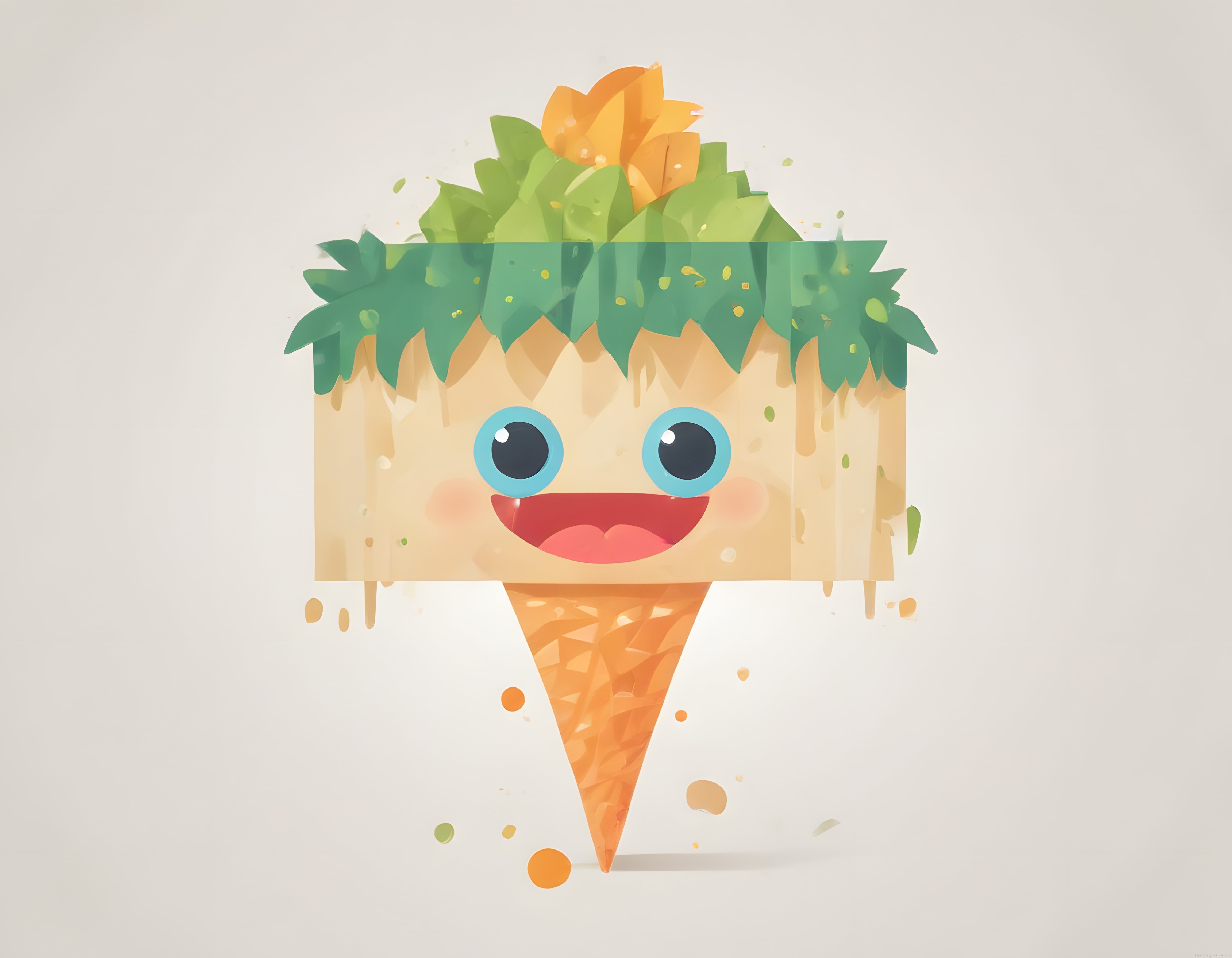 Sevimli ananas karakteri suluboya tarzında mutlu yüz ve dondurma külahı