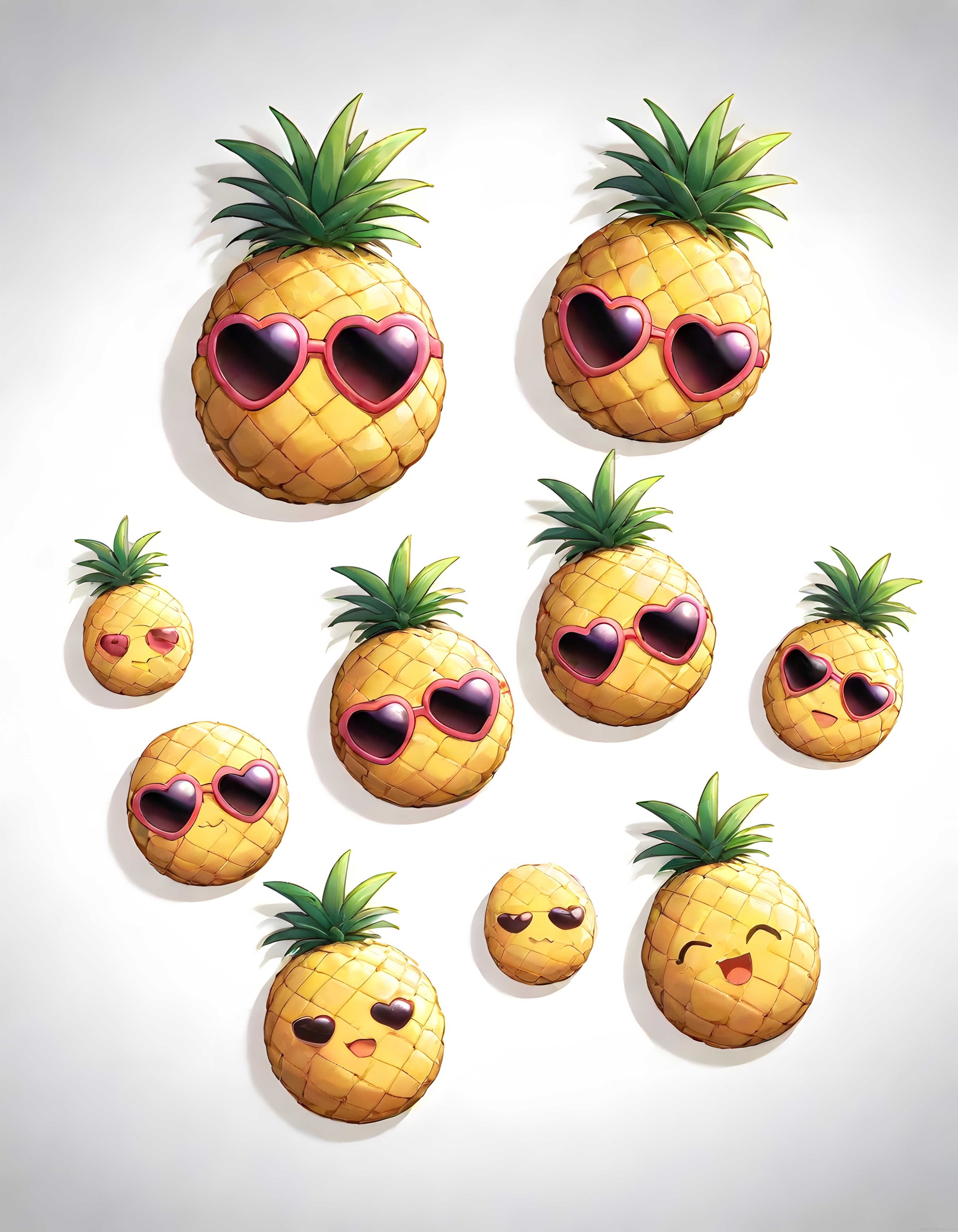 Sevimli Ananas Karakterleri: Kalpli Güneş Gözlüklü Tropikal Çizim Seti